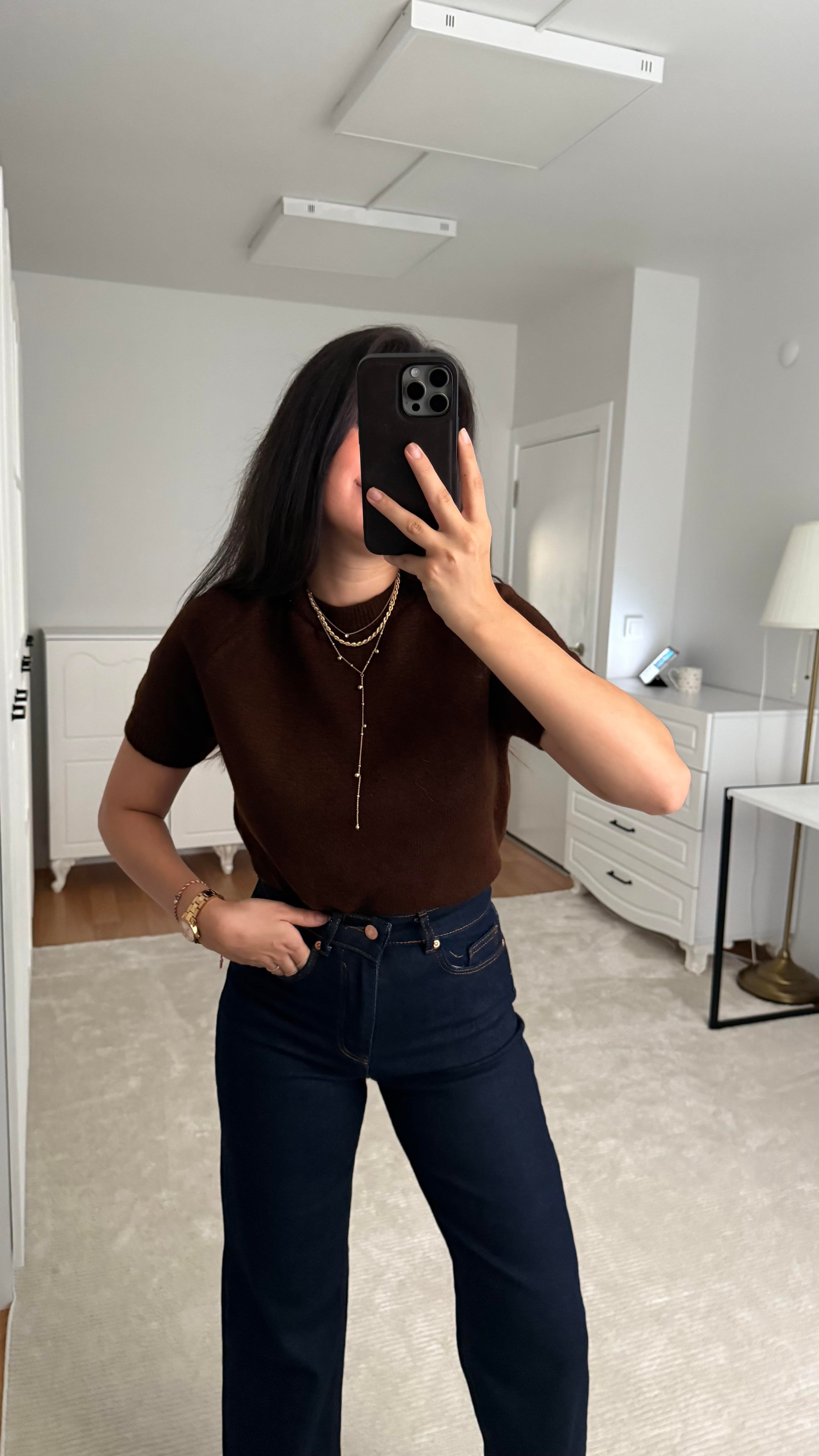 Kısa Kol Acı Kahve Örme Triko