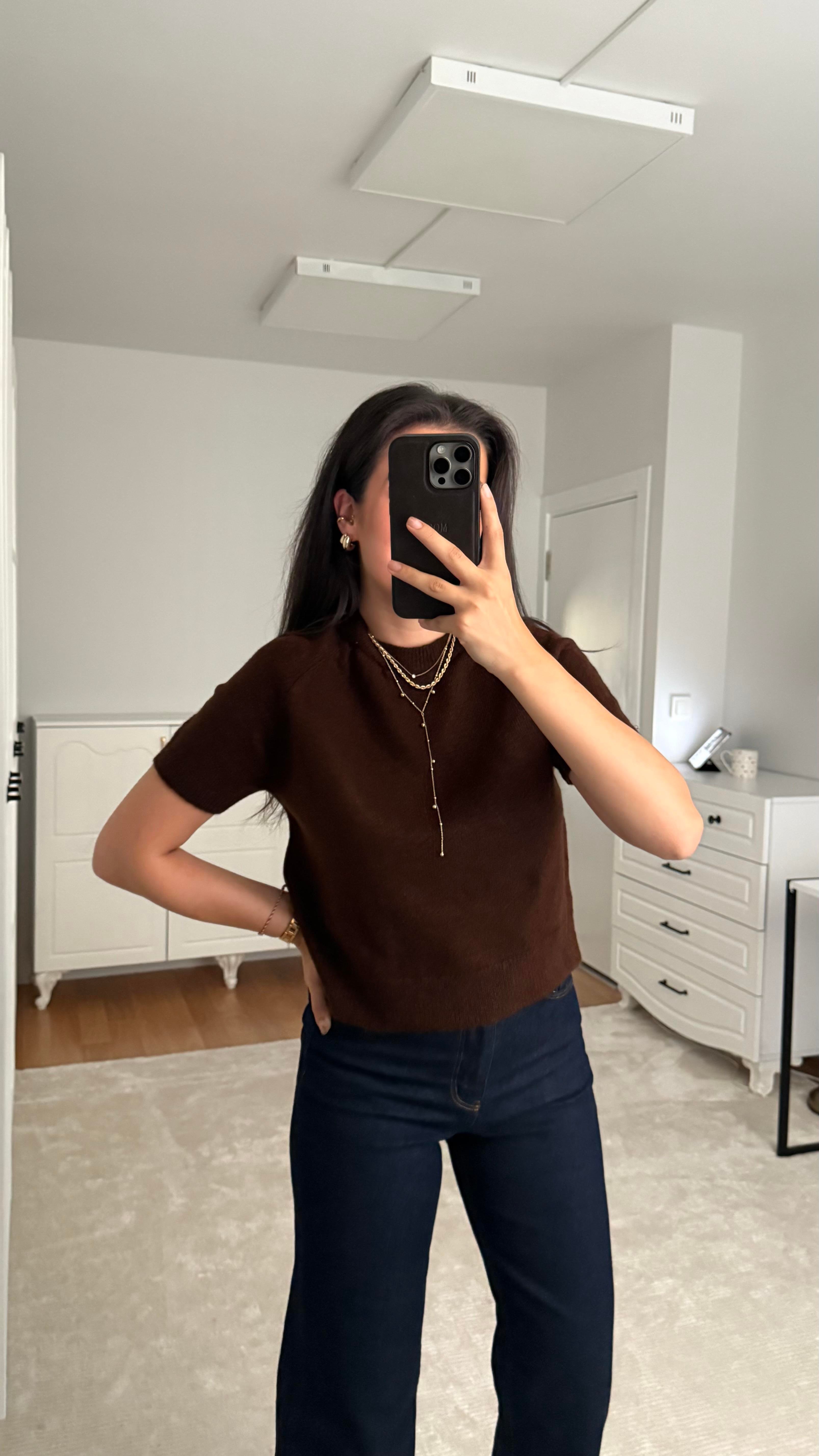 Kısa Kol Acı Kahve Örme Triko