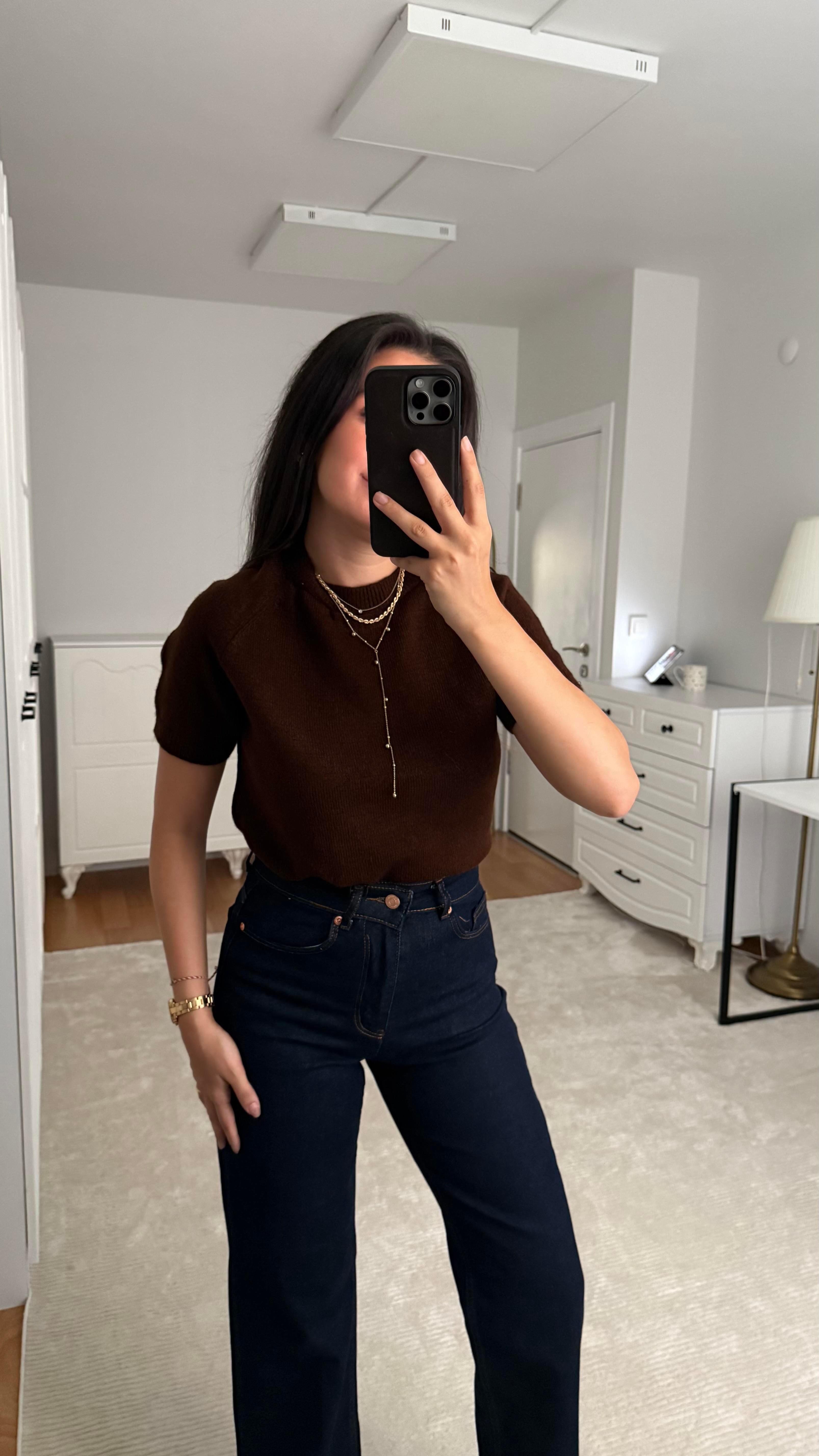 Kısa Kol Acı Kahve Örme Triko