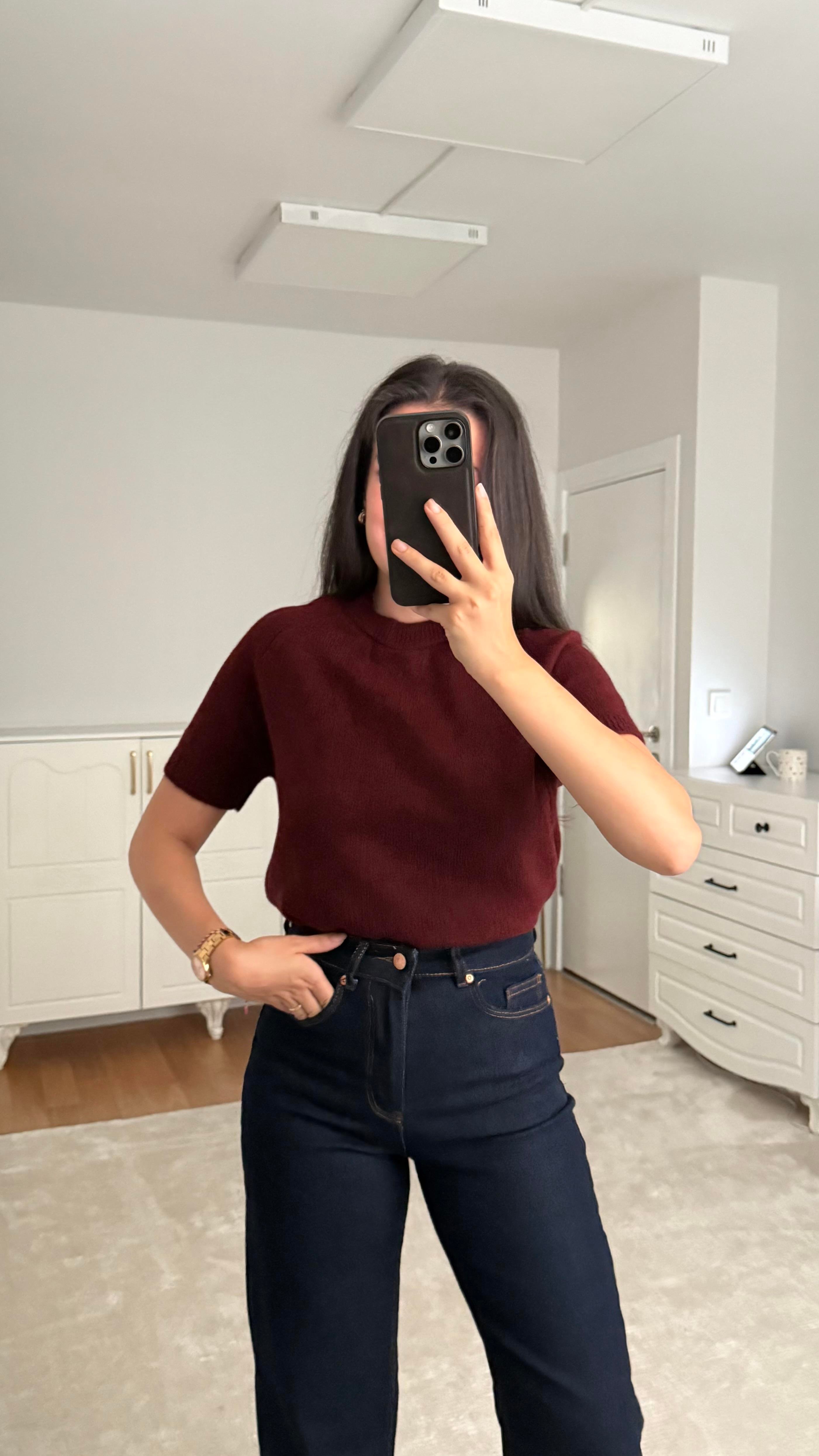 Kısa Kol Bordo Örme Triko