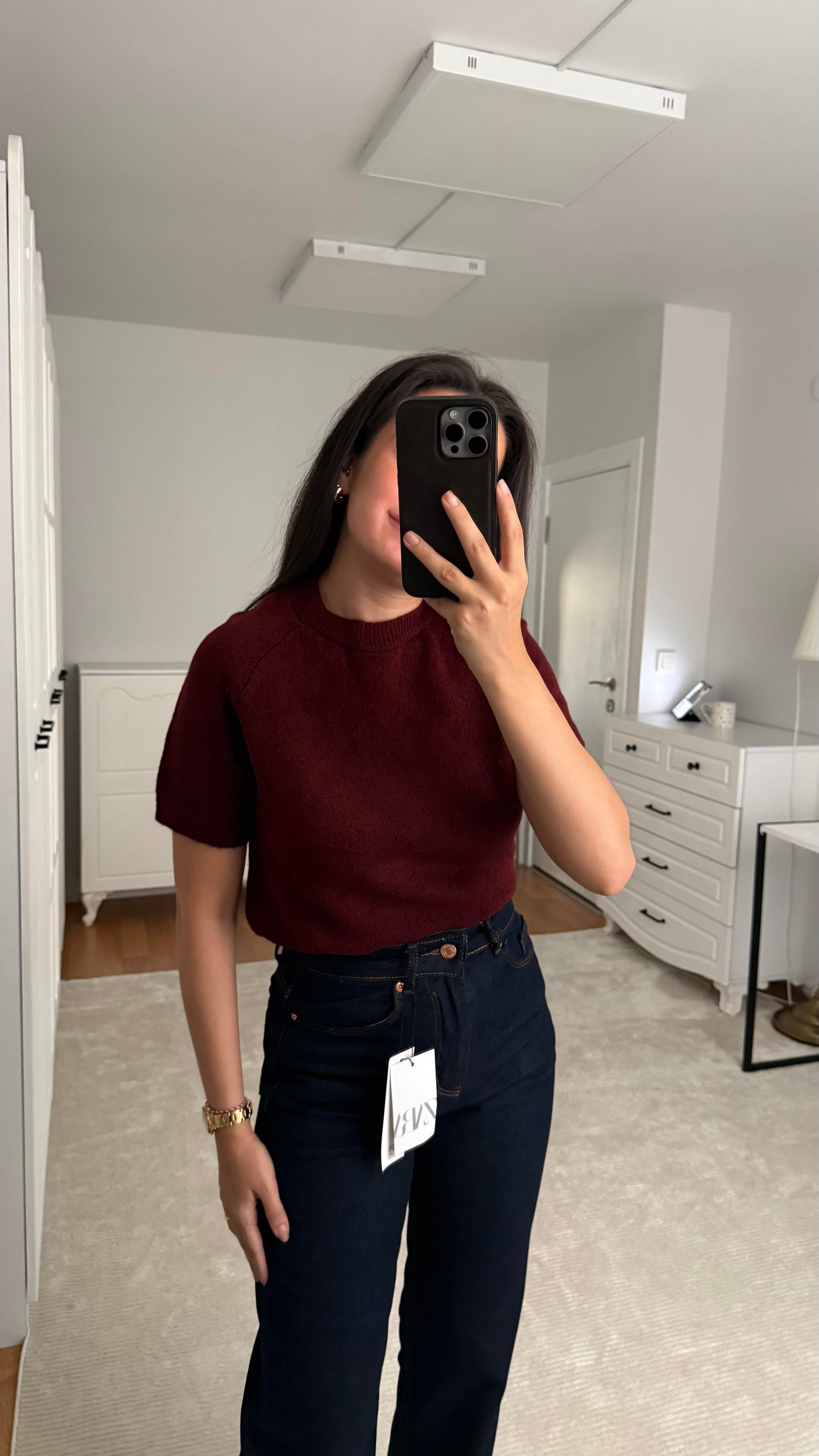 Kısa Kol Bordo Örme Triko