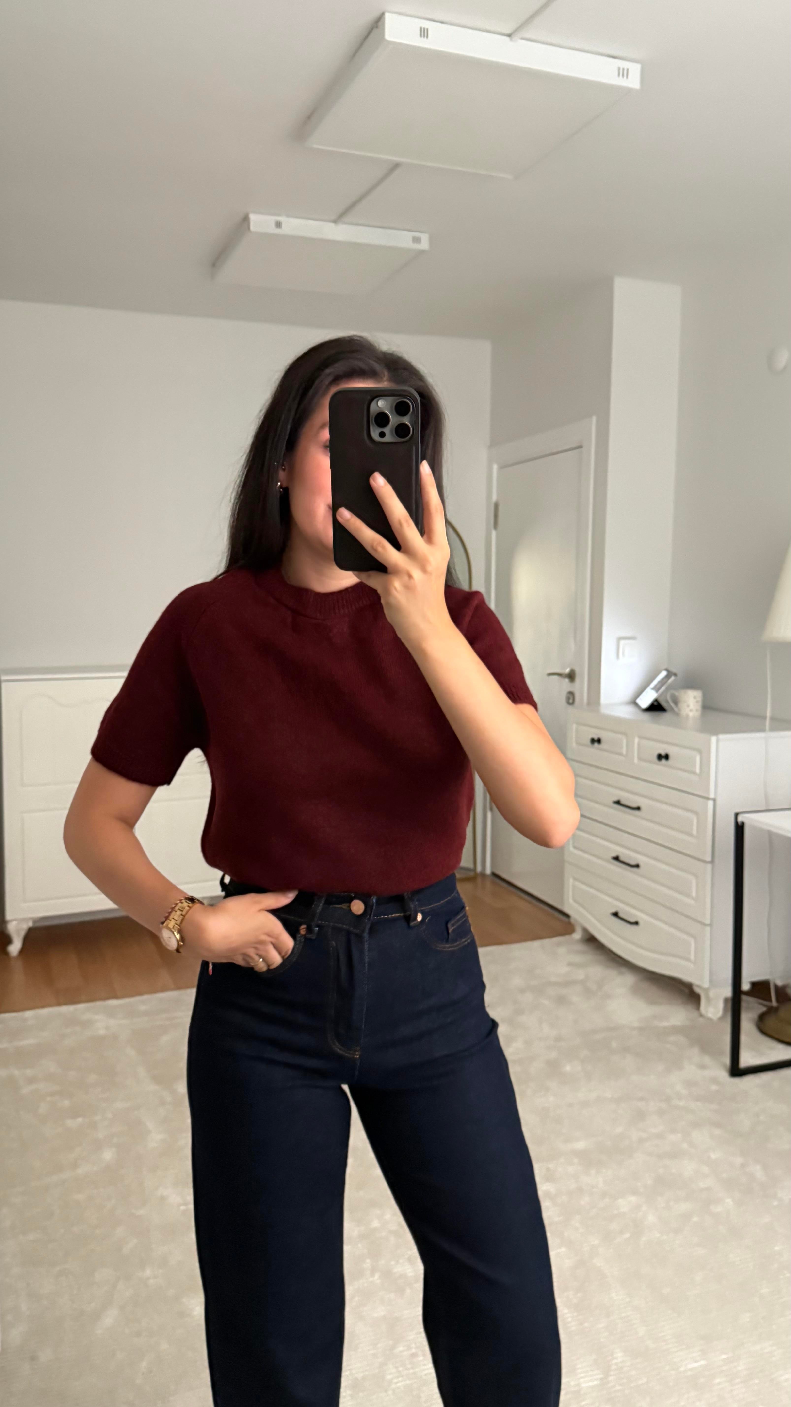 Kısa Kol Bordo Örme Triko