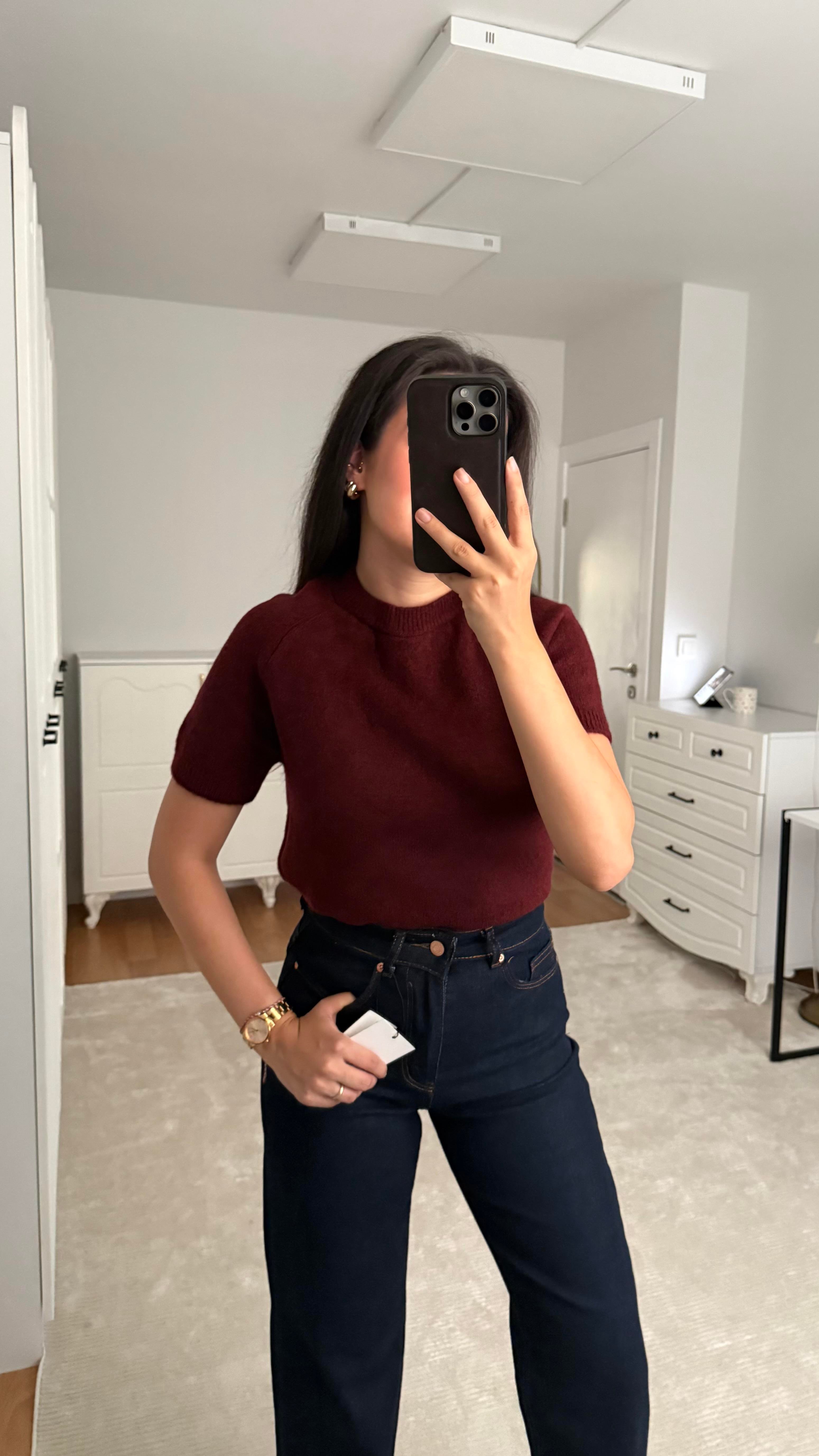 Kısa Kol Bordo Örme Triko