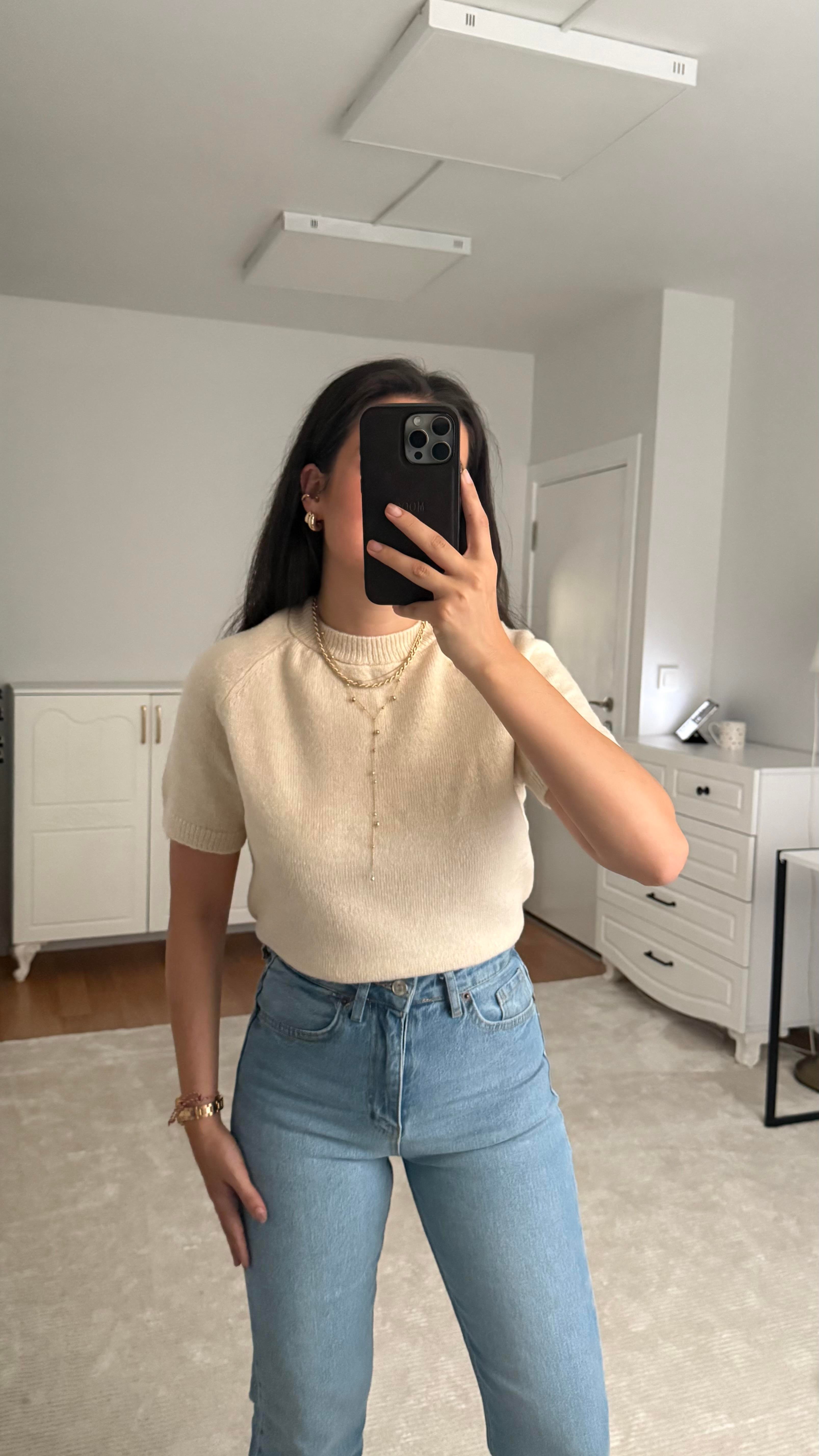 Kısa Kol Ekru Örme Triko