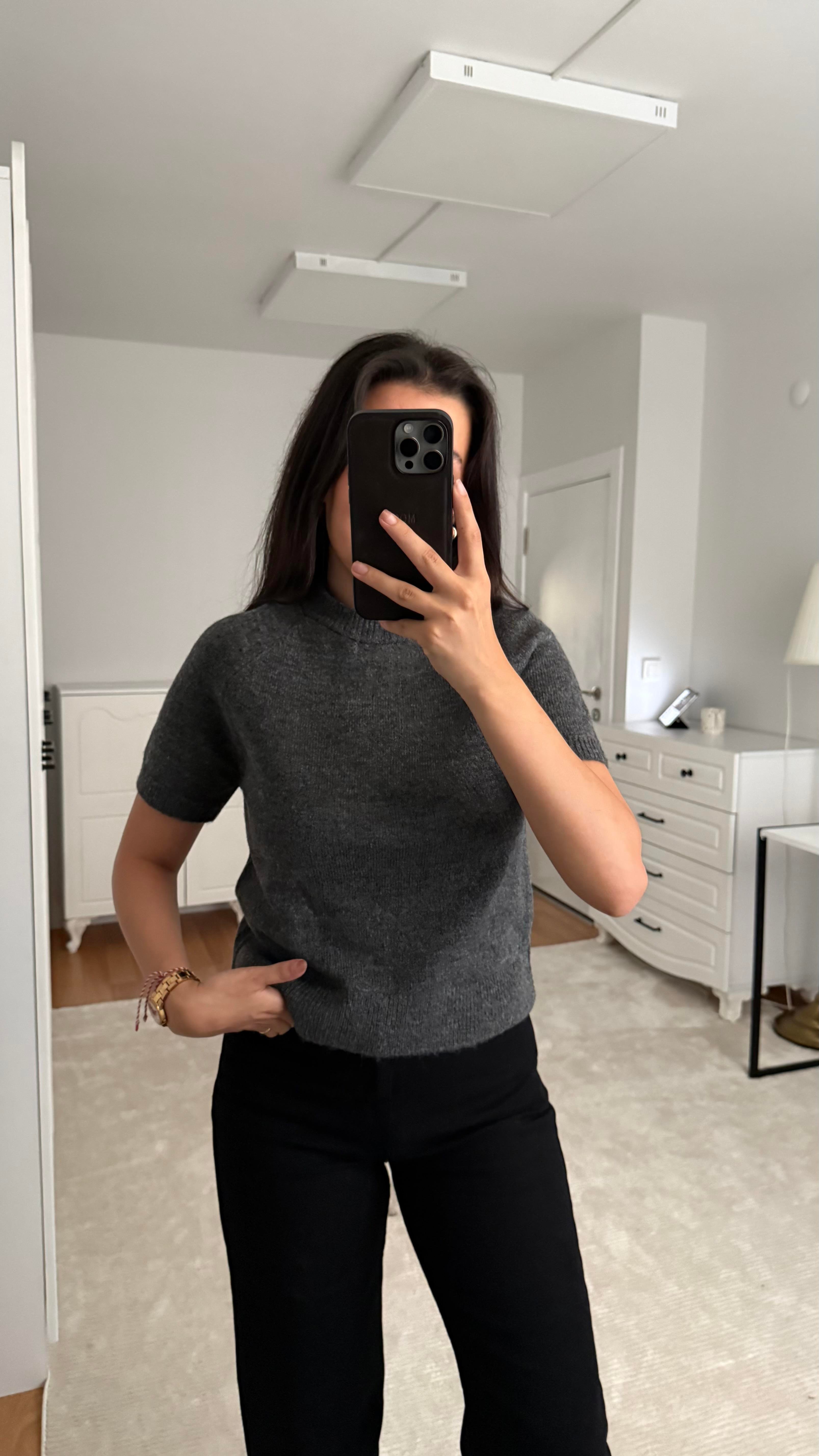 Kısa Kol Gri Örme Triko