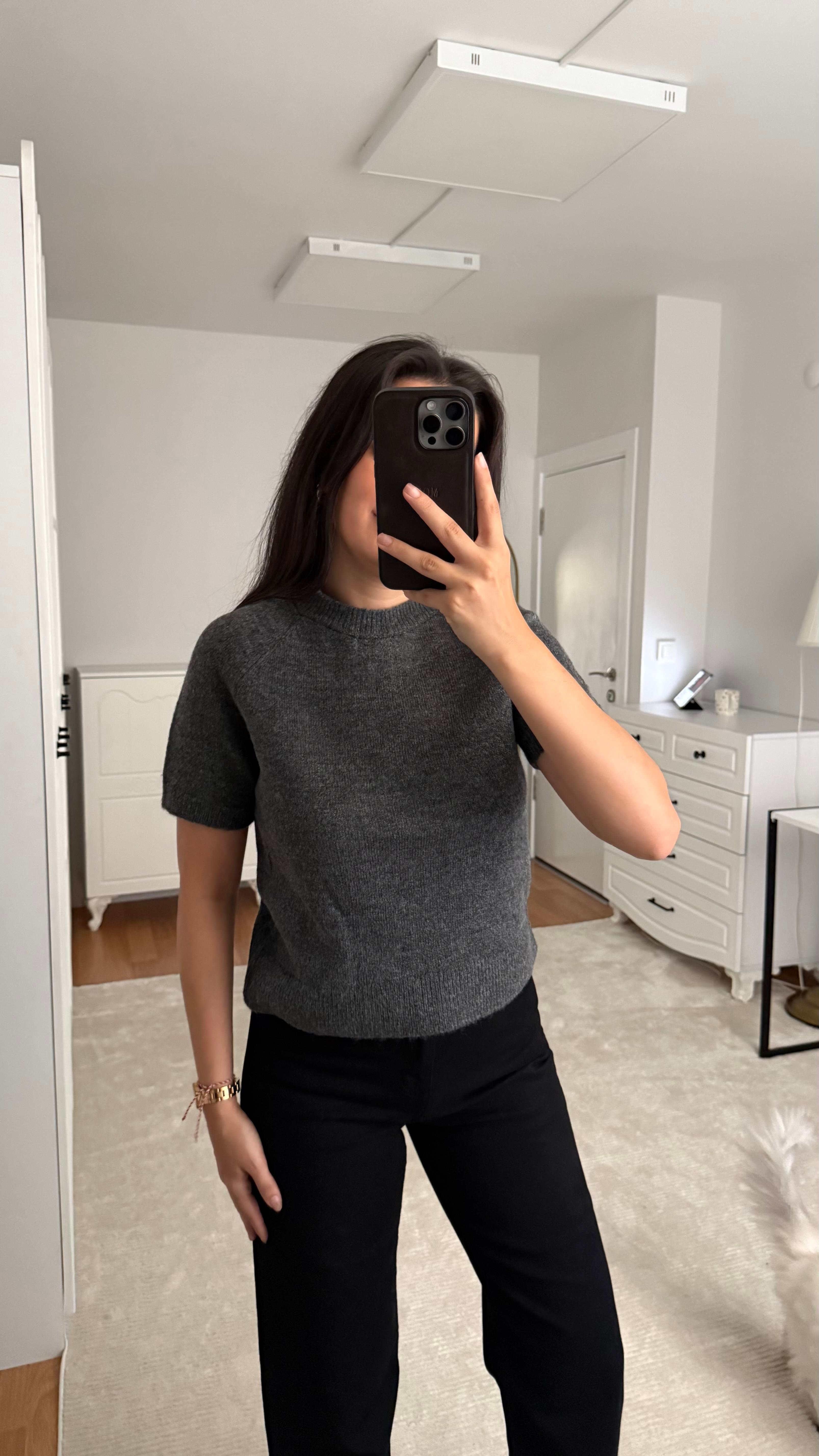 Kısa Kol Gri Örme Triko