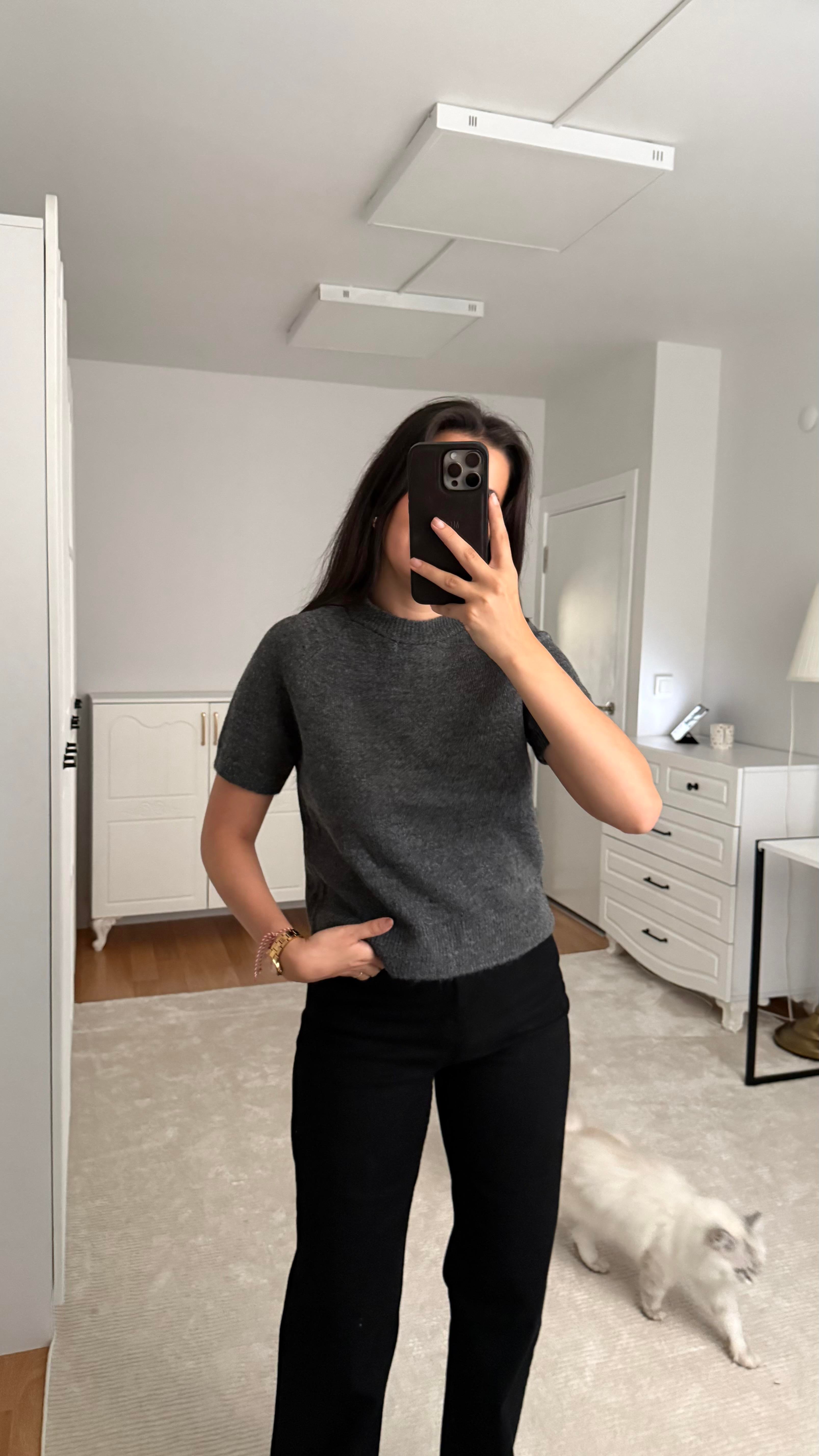 Kısa Kol Gri Örme Triko