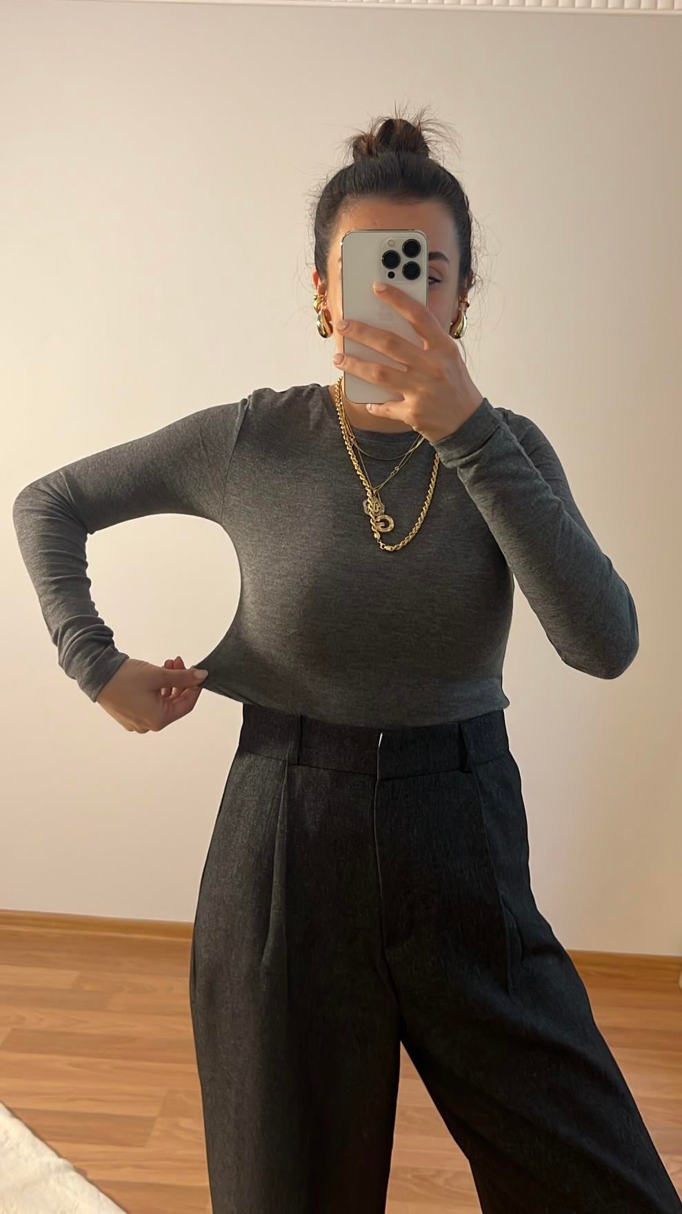 Koyu Gri Uzun Kollu Basıc