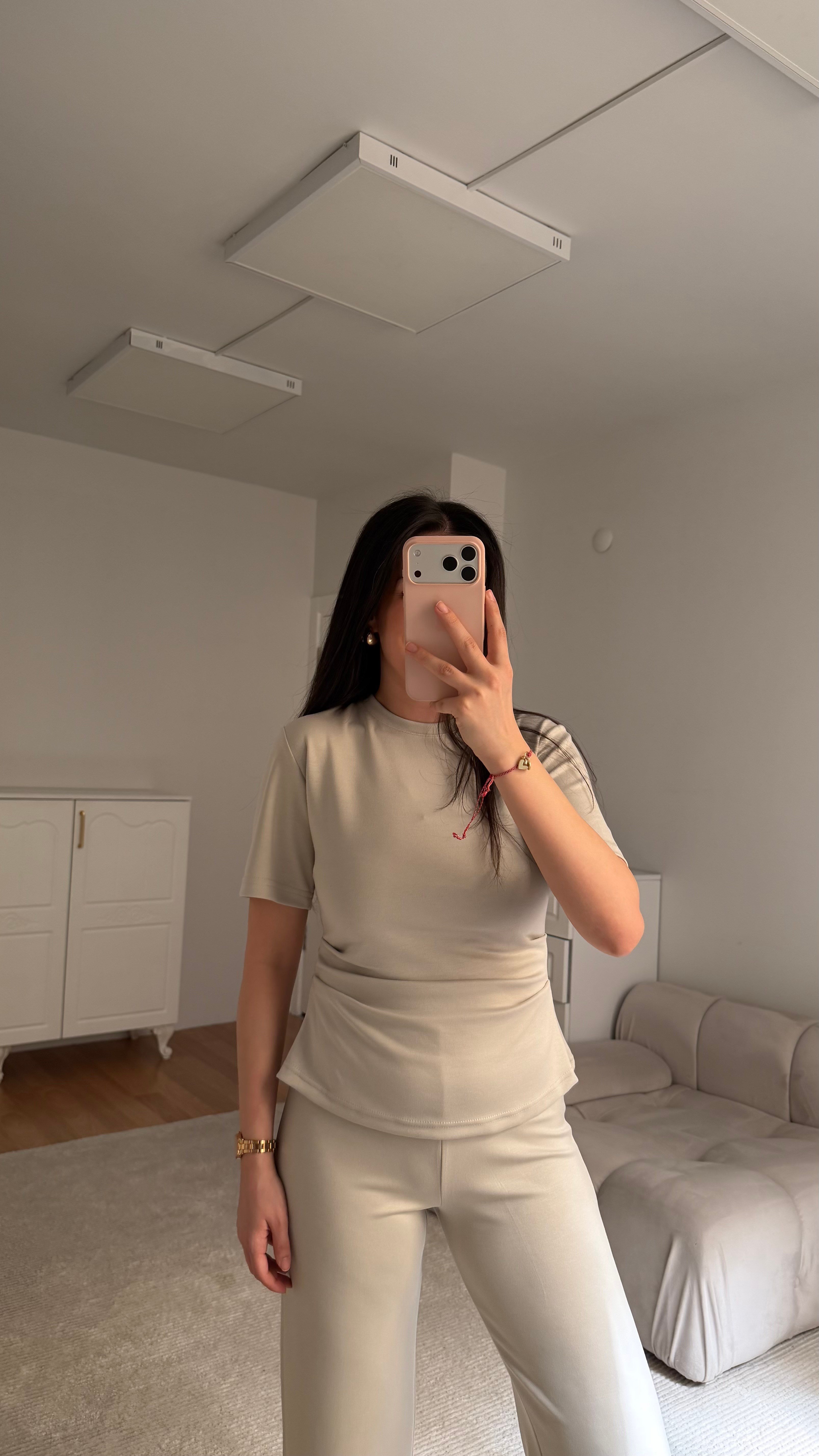 Krem Bisiklet Yaka Büzgülü Takım