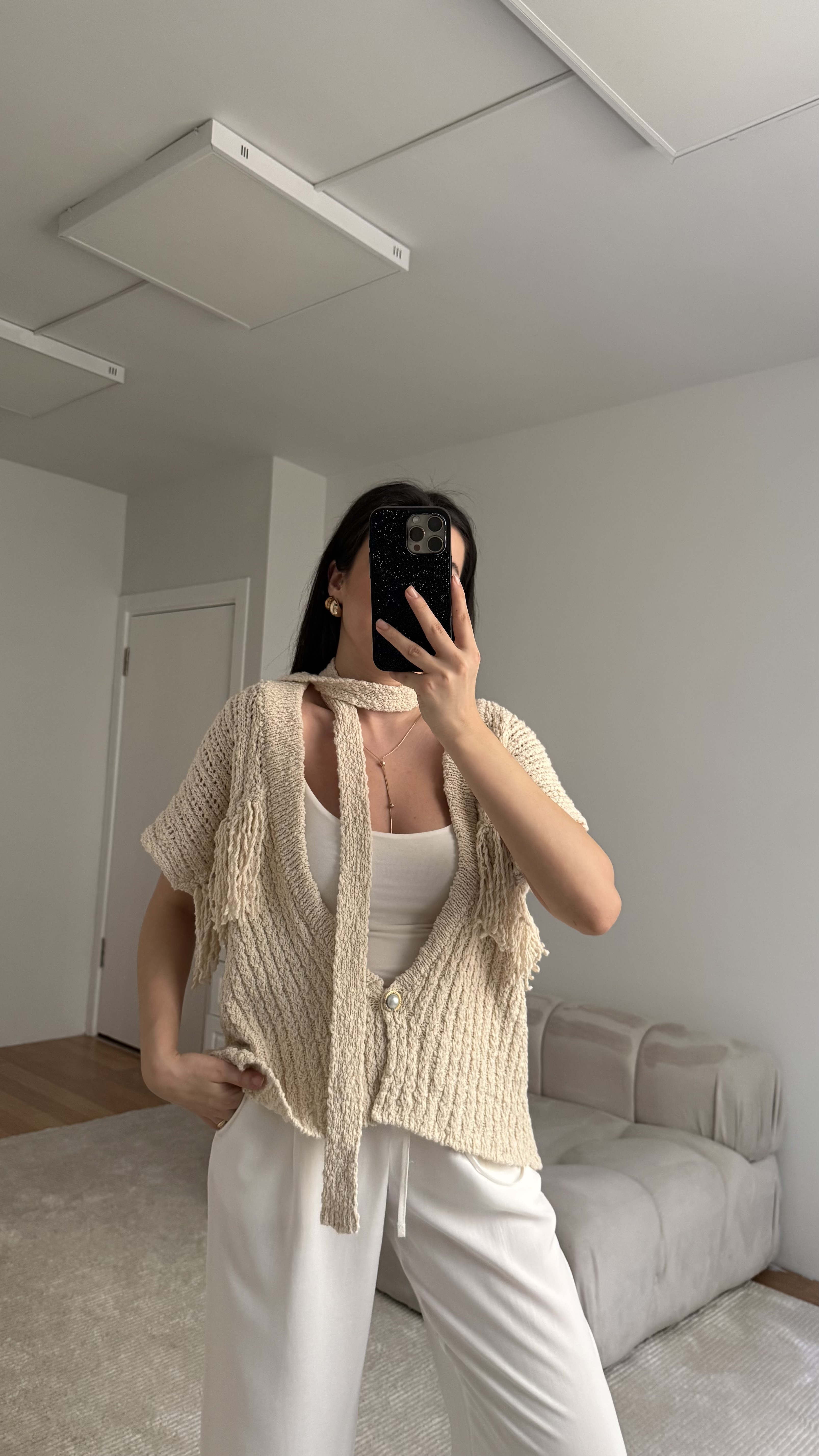 Krem Kemerli Triko Hırka