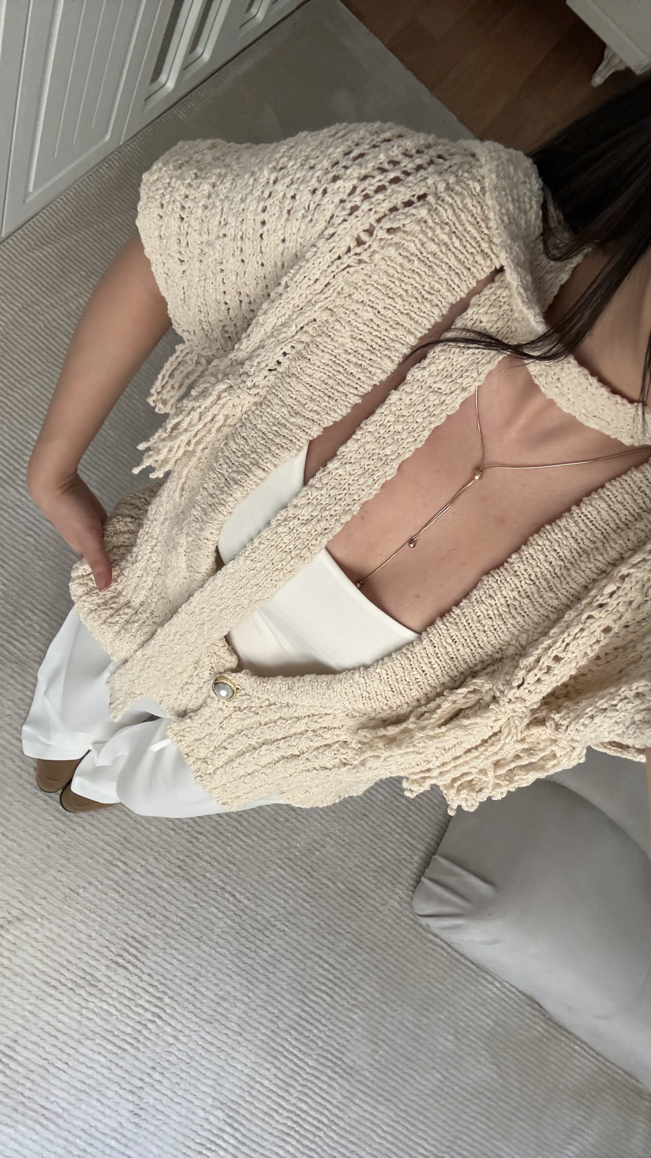 Krem Kemerli Triko Hırka