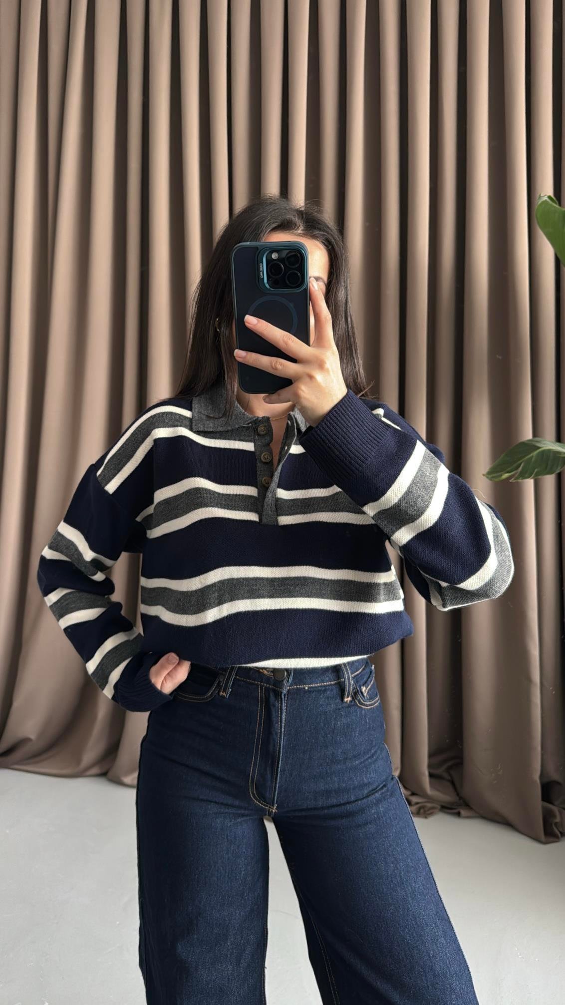 Laci Gri Polo Yaka Çelik Örme Triko Kazak