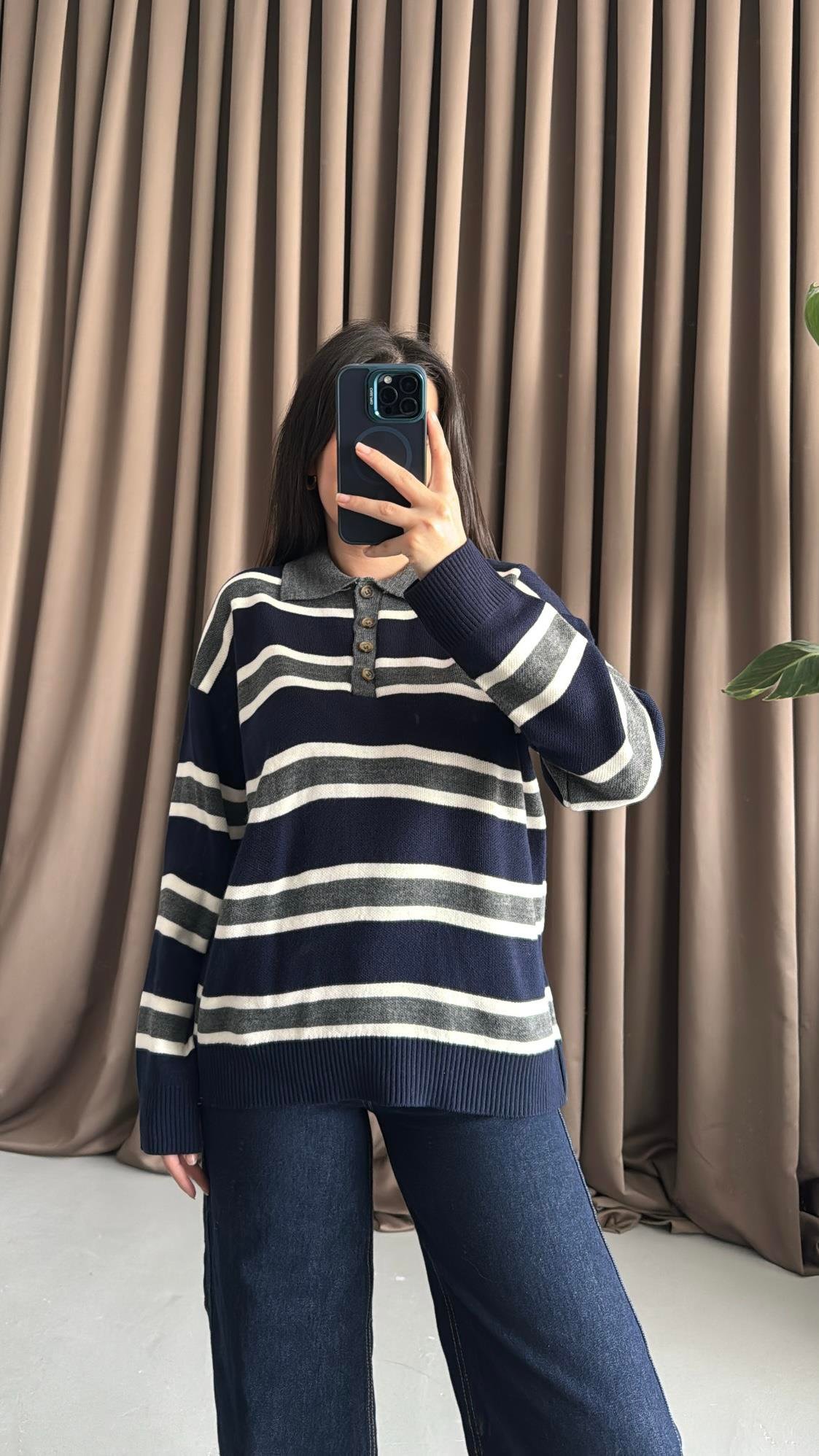 Laci Gri Polo Yaka Çelik Örme Triko Kazak