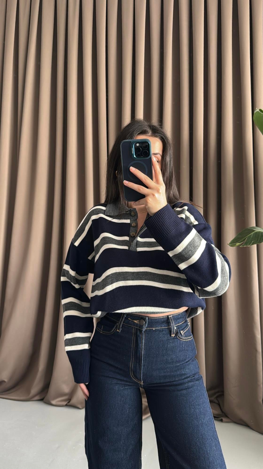 Laci Gri Polo Yaka Çelik Örme Triko Kazak