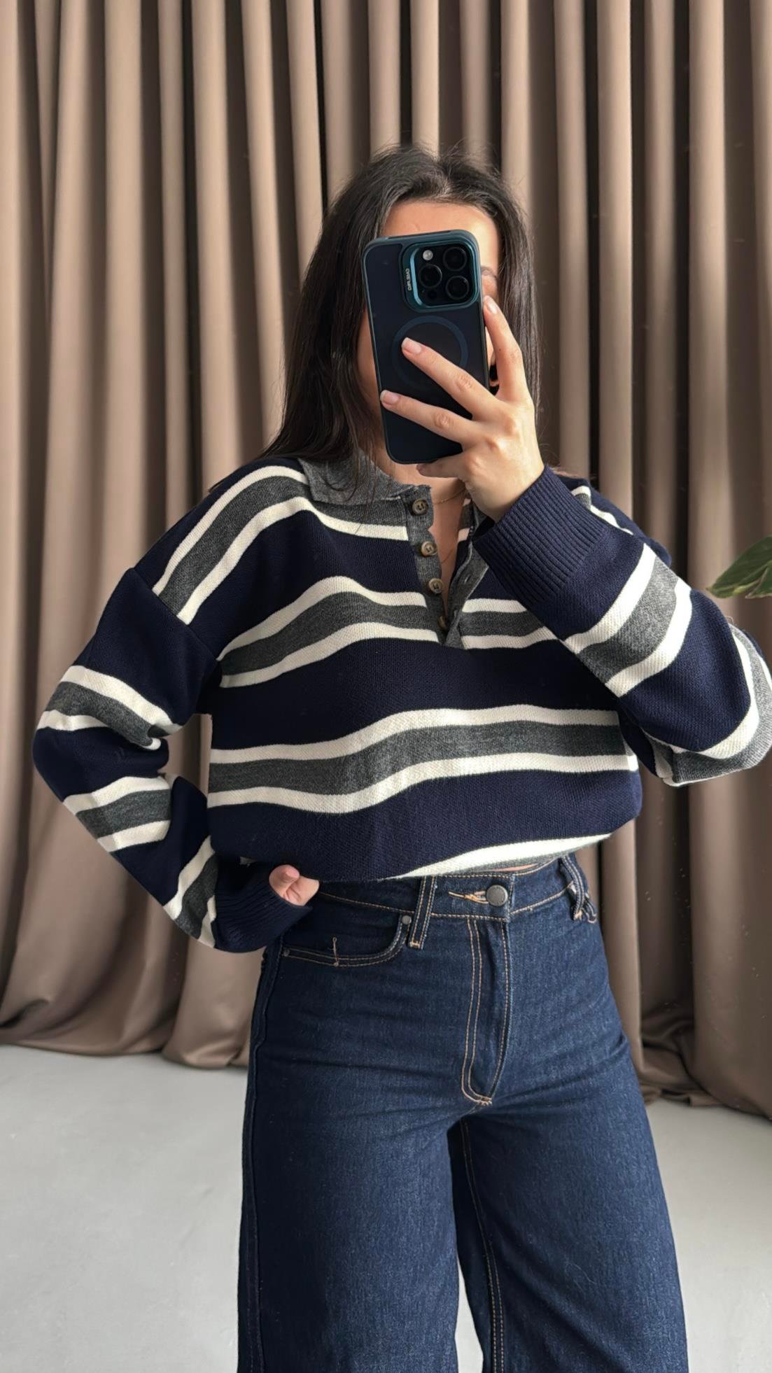 Laci Gri Polo Yaka Çelik Örme Triko Kazak