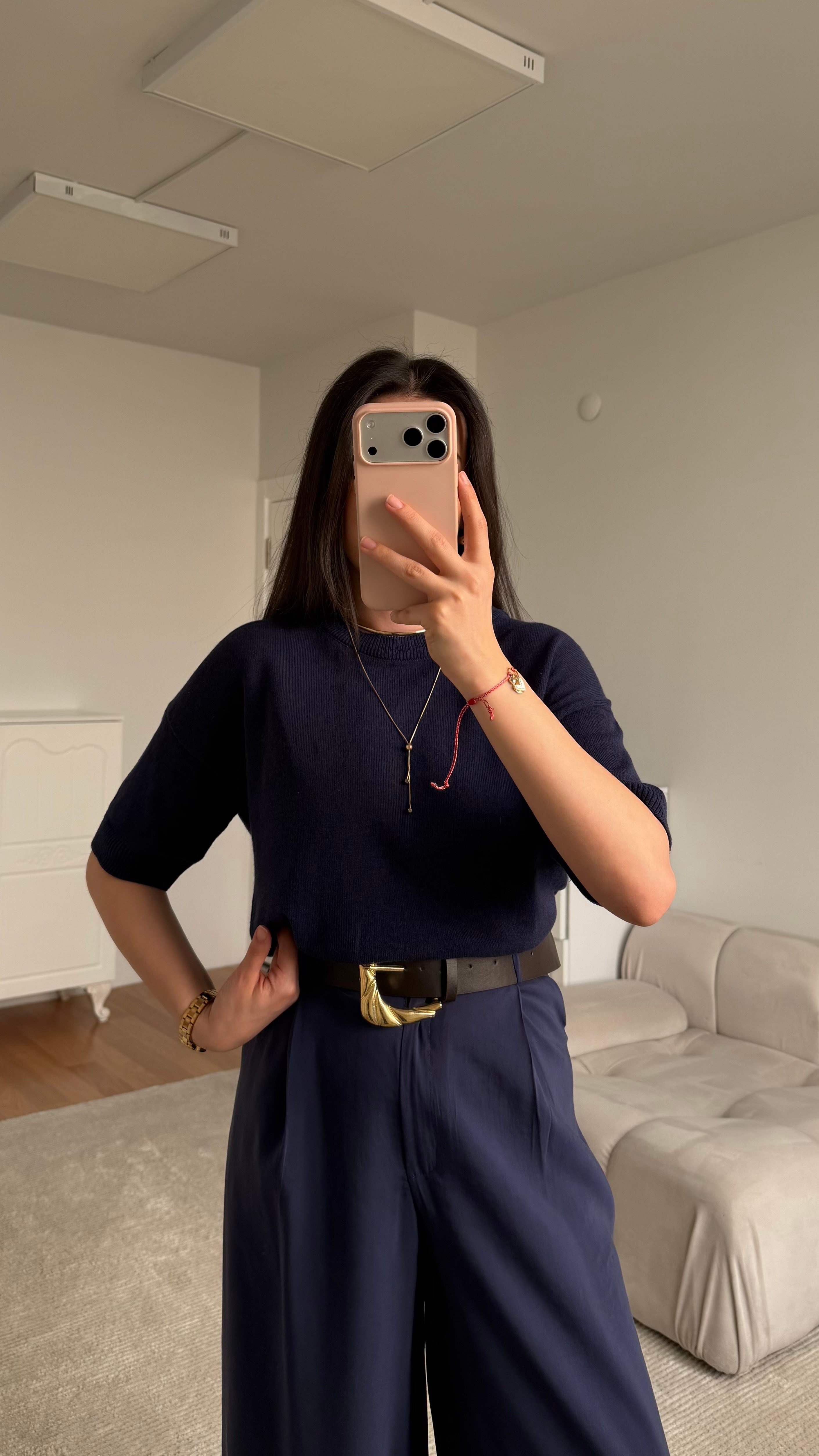 Lacivert Bisiklet Yaka Ham Keten Kısa Kol Triko