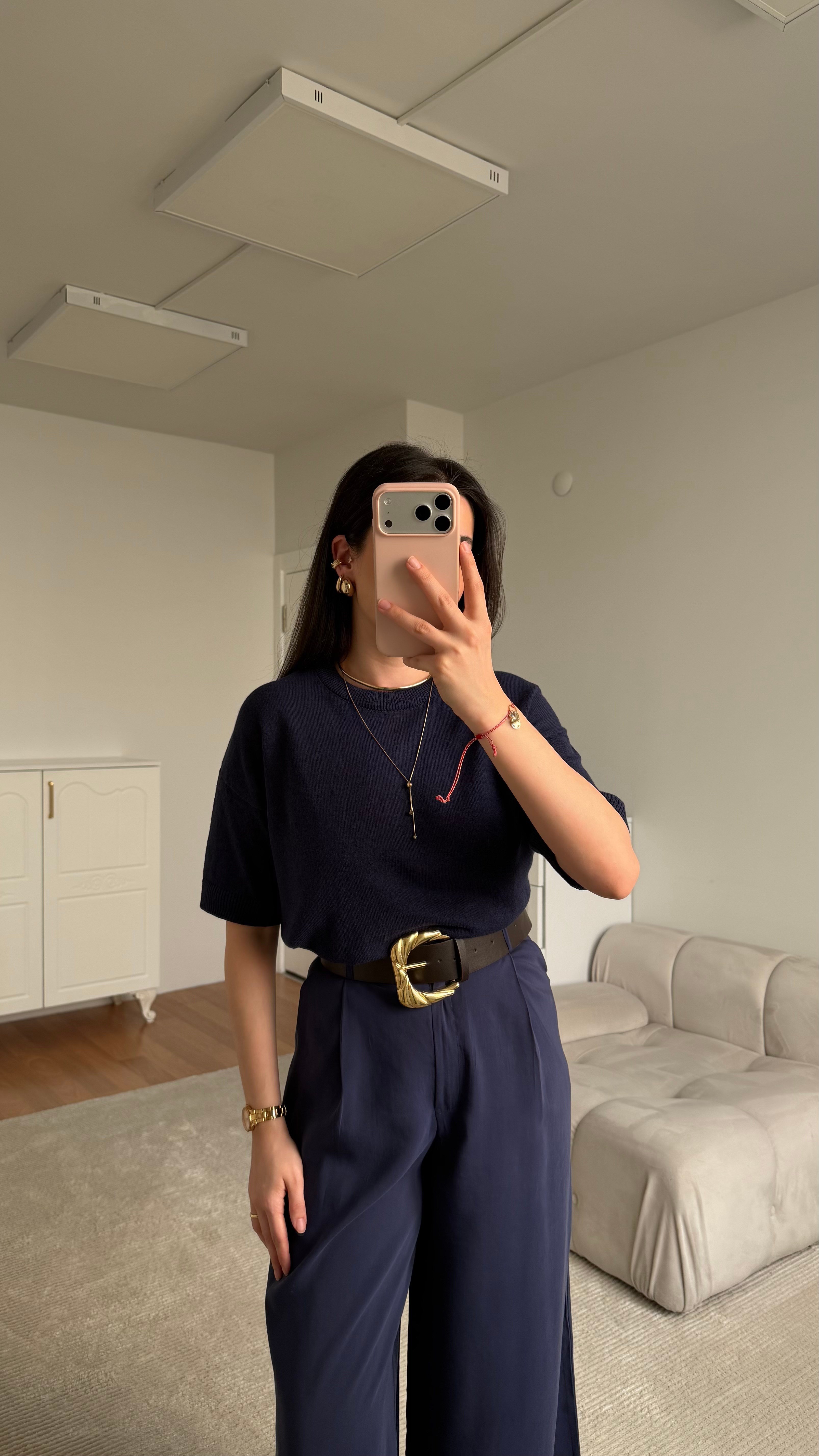 Lacivert Bisiklet Yaka Ham Keten Kısa Kol Triko