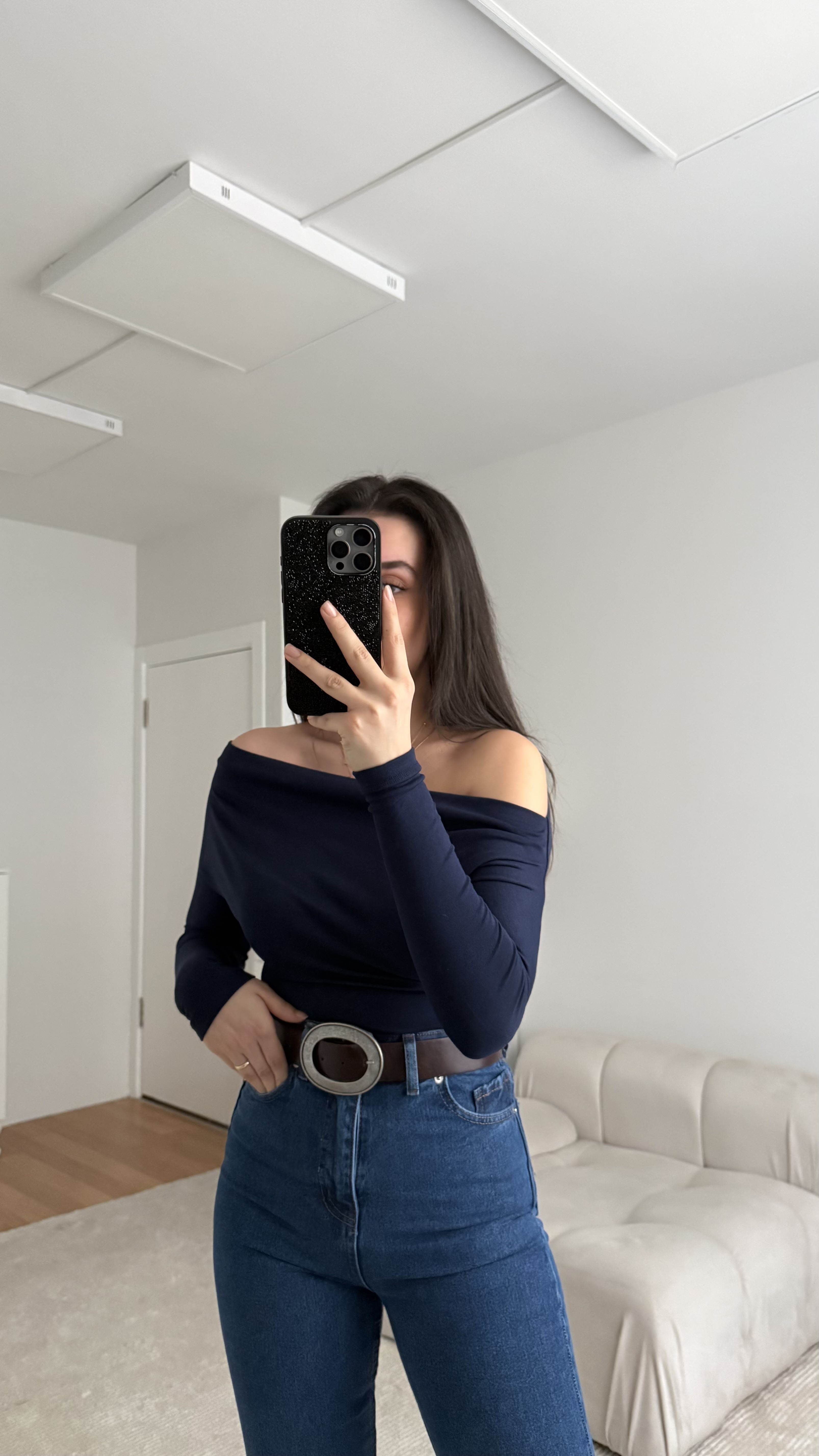 Lacivert Kayık Yaka Uzun Kollu Buzzy Bluz