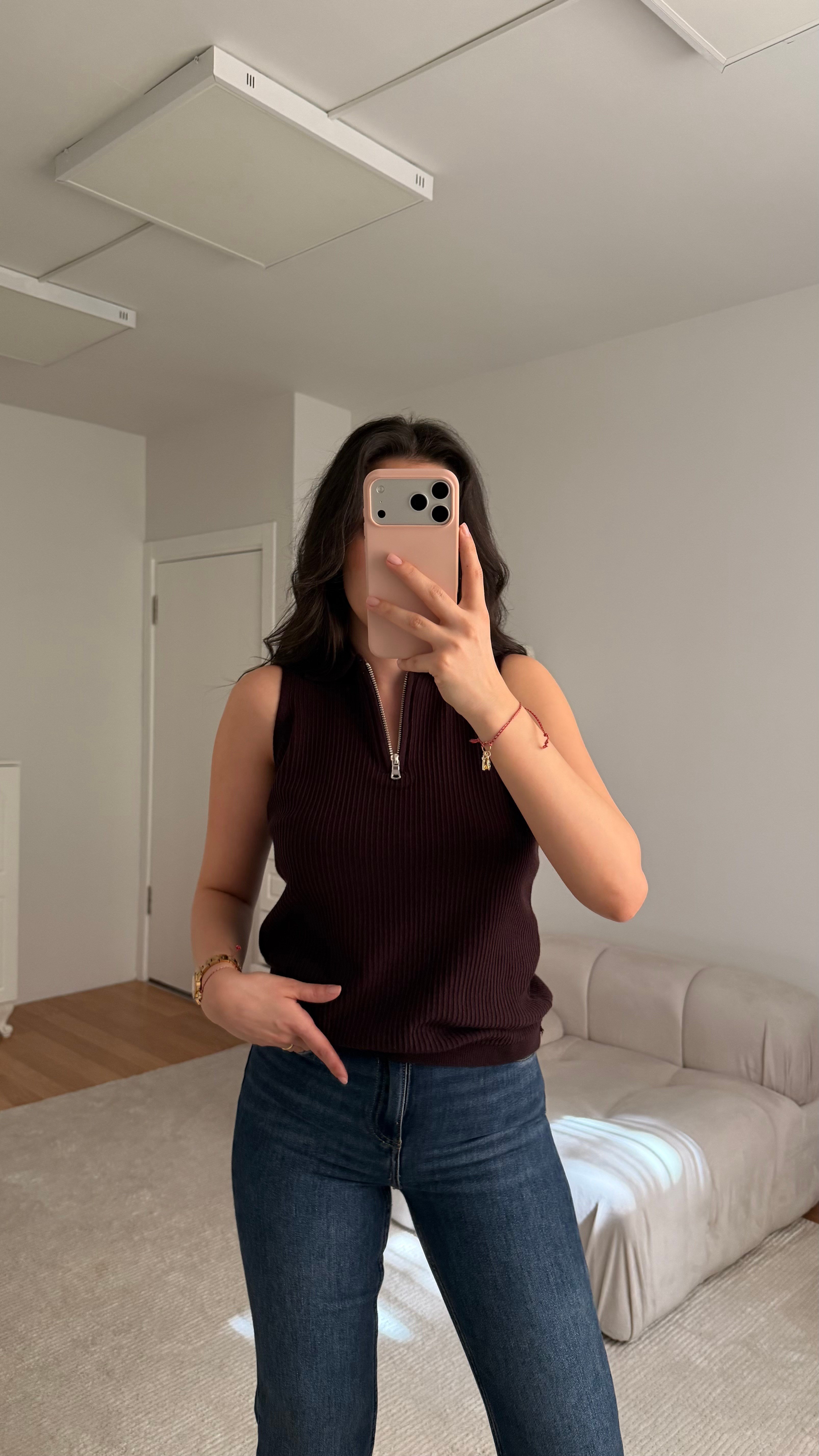 Mad Acı Kahve Fermuarlı Polo Yaka Fitilli Bluz