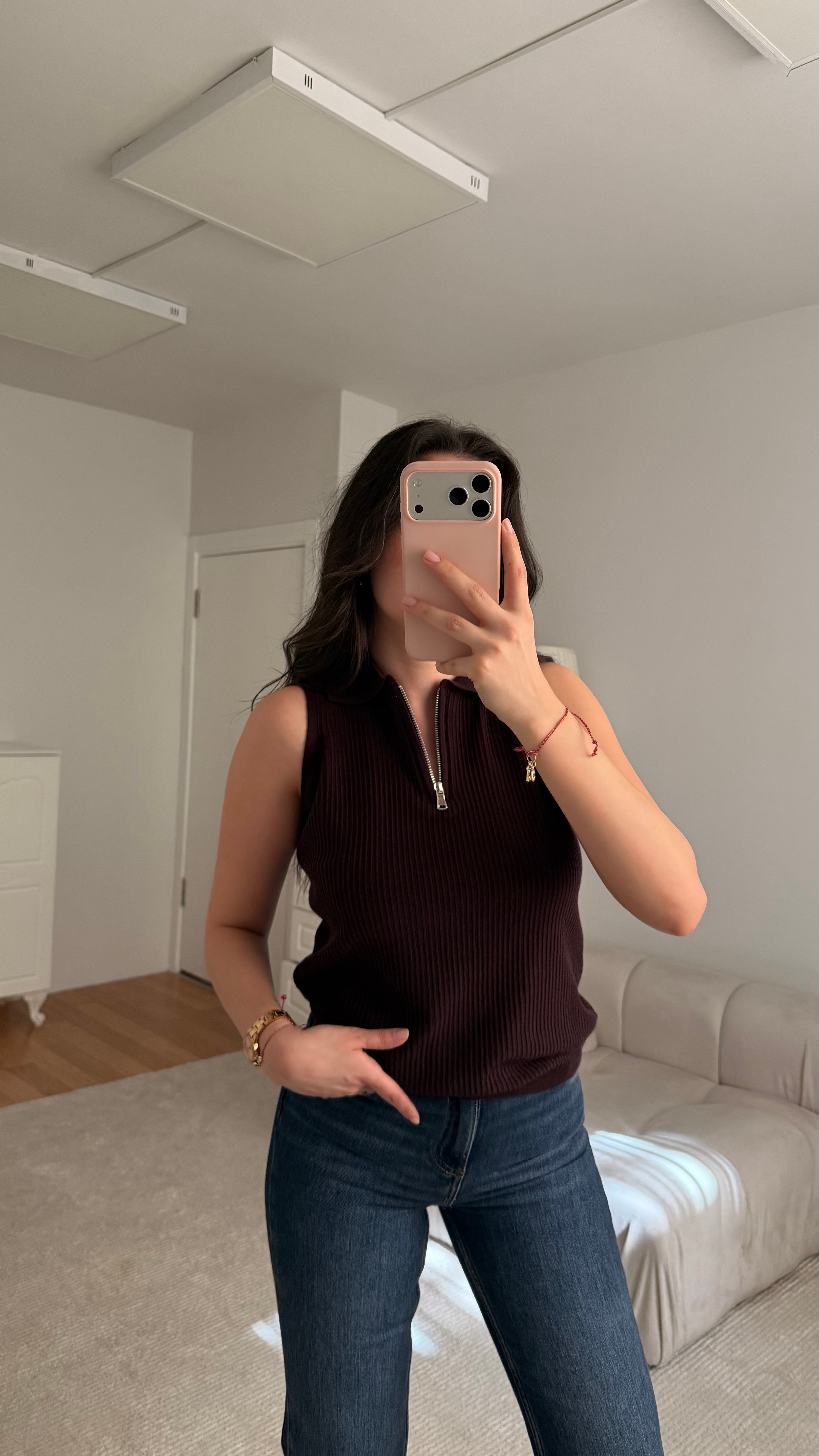 Mad Acı Kahve Fermuarlı Polo Yaka Fitilli Bluz