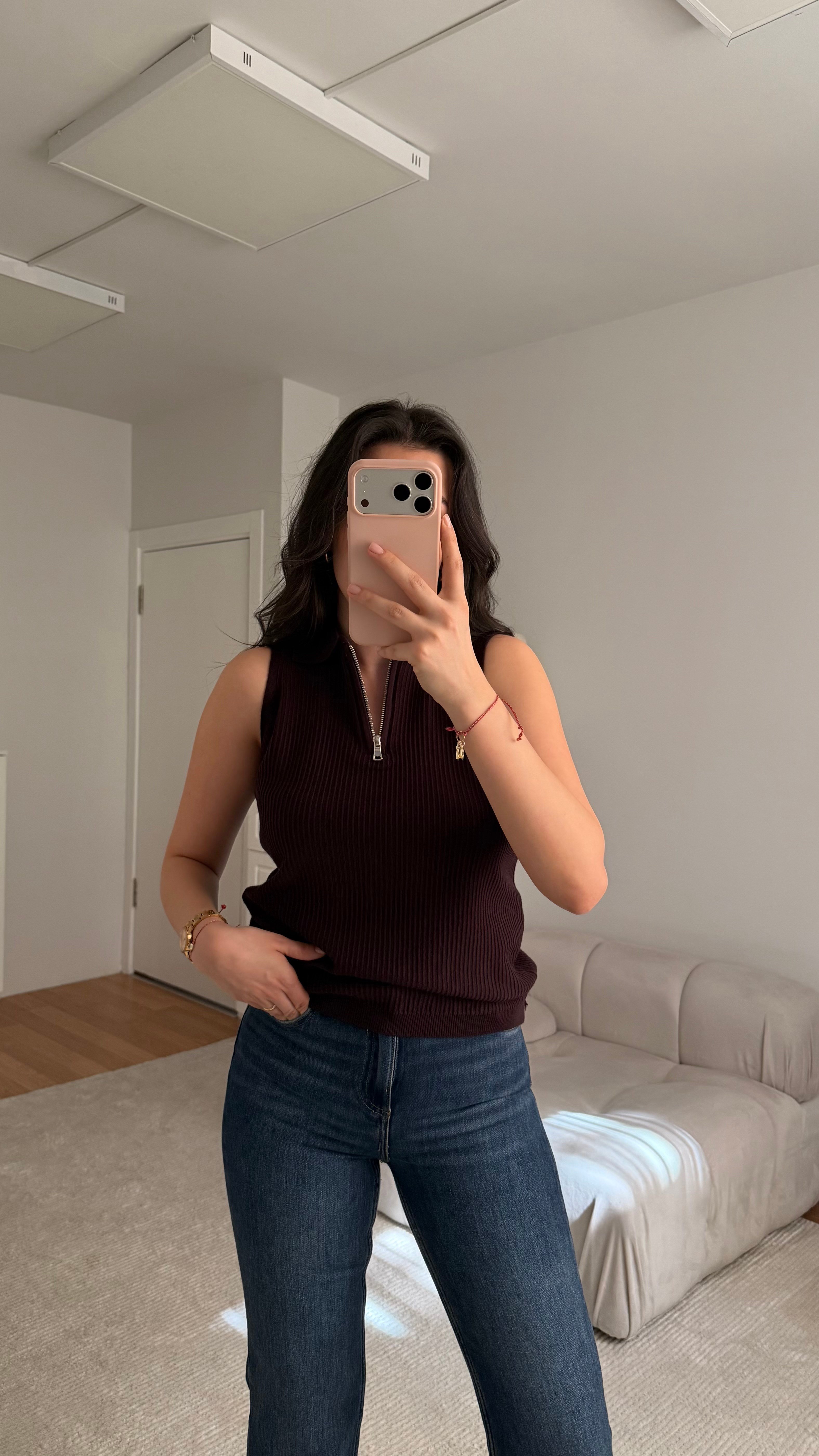 Mad Acı Kahve Fermuarlı Polo Yaka Fitilli Bluz