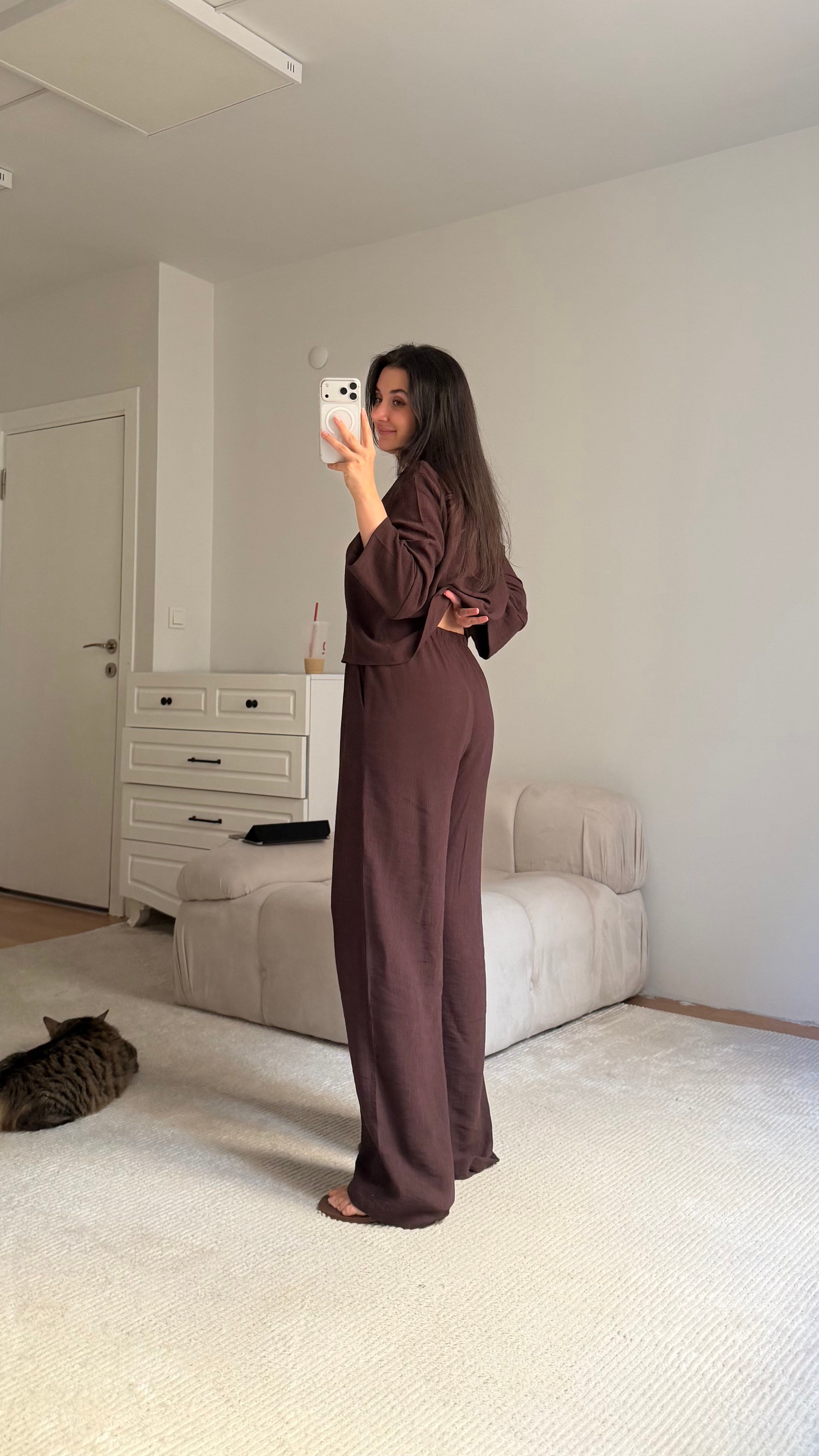 Mad Acı Kahve Keten V Yaka Gömlek Takım