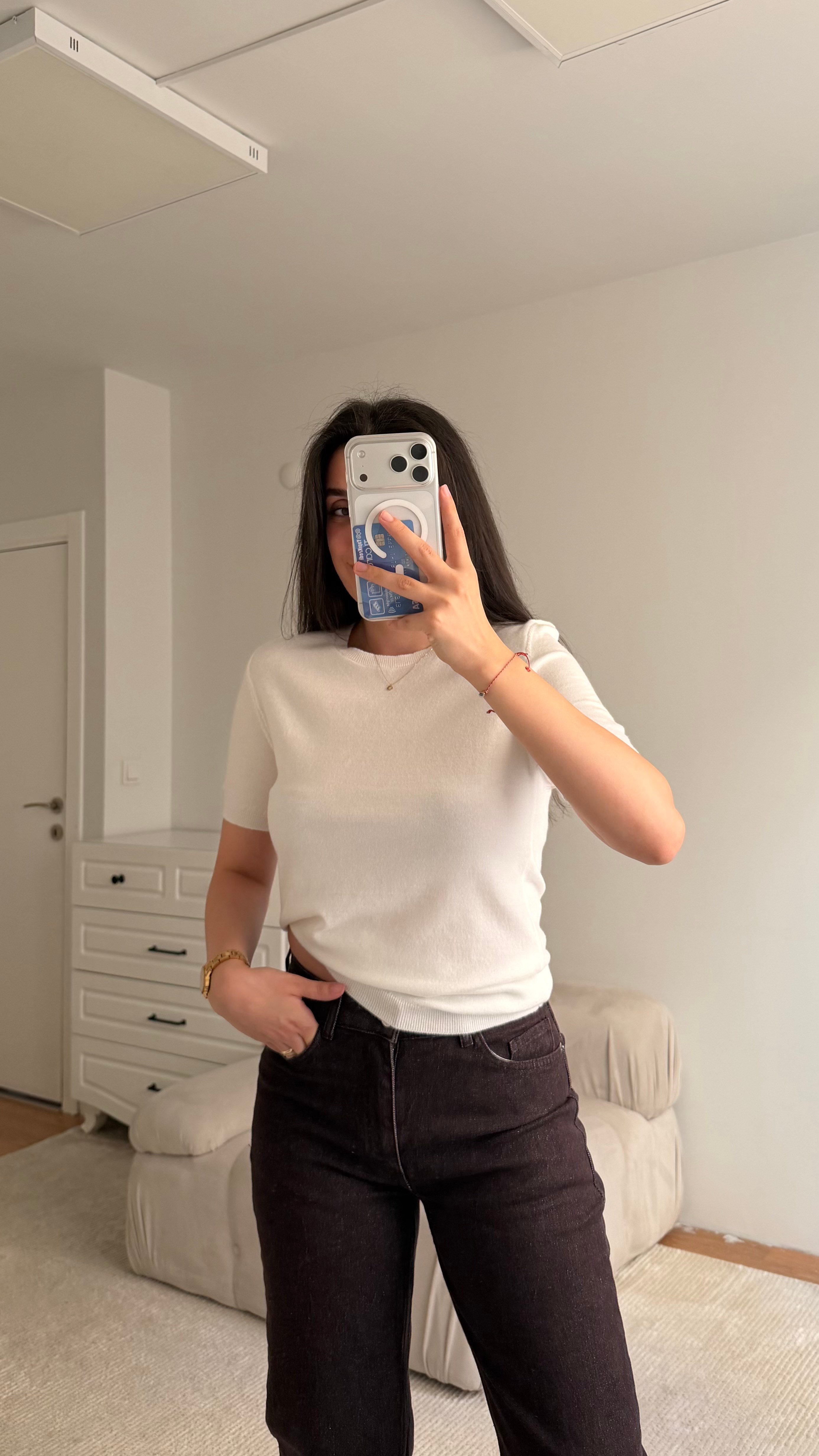 Mad Beyaz Bisiklet Yaka Kısa Kollu Triko Bluz