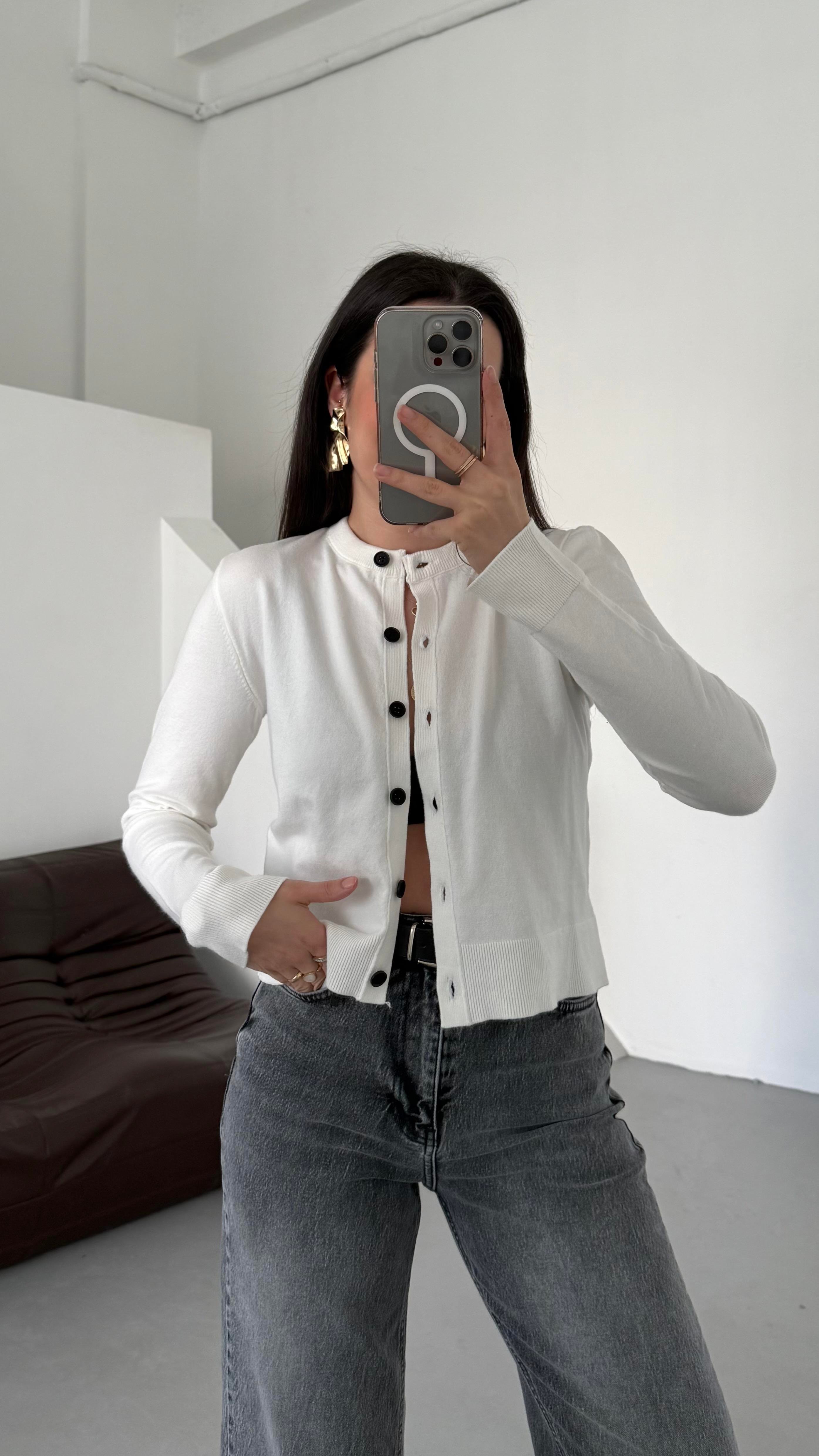 Mad Beyaz Dokulu Basıc Triko Hırka