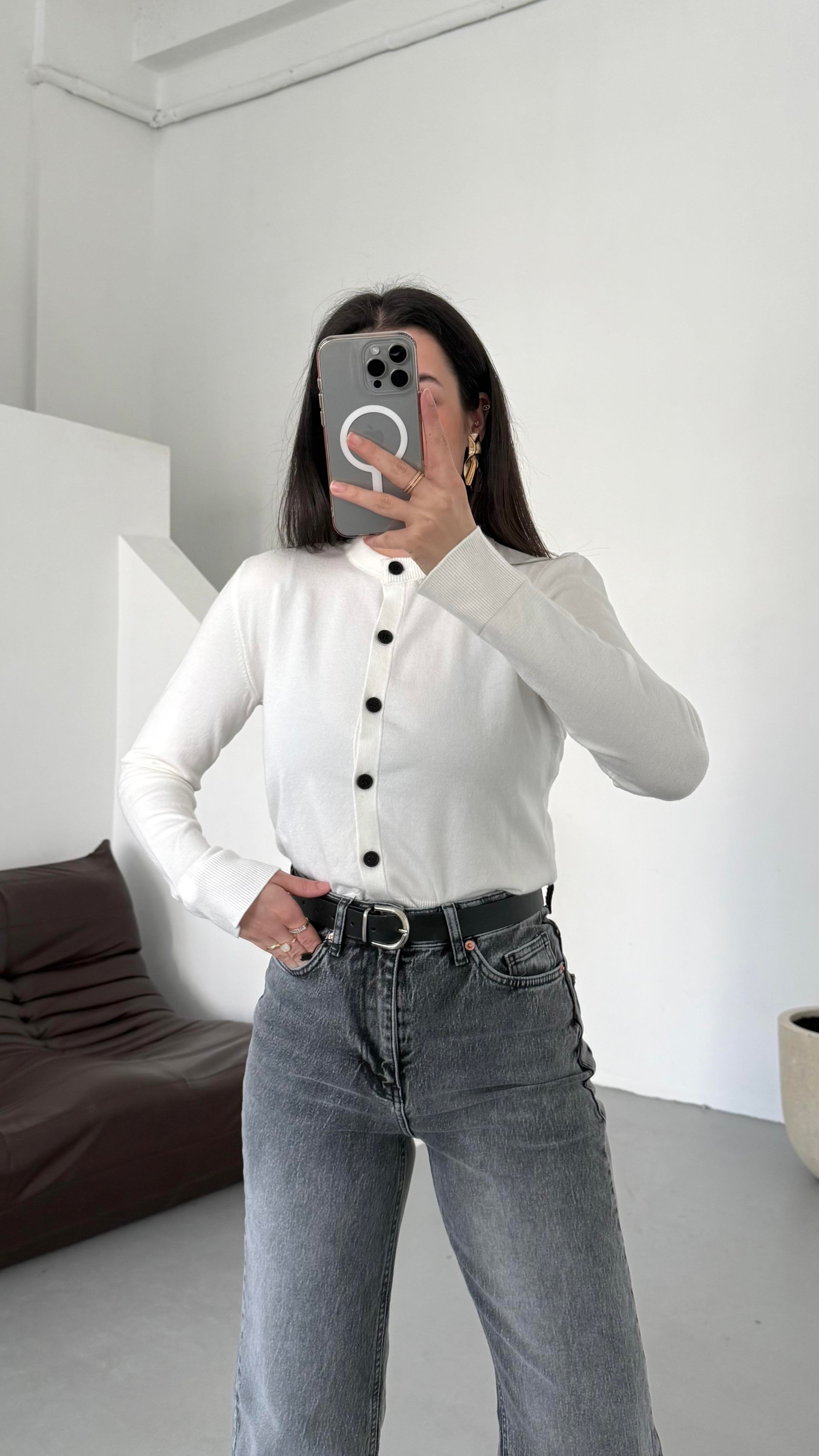 Mad Beyaz Dokulu Basıc Triko Hırka