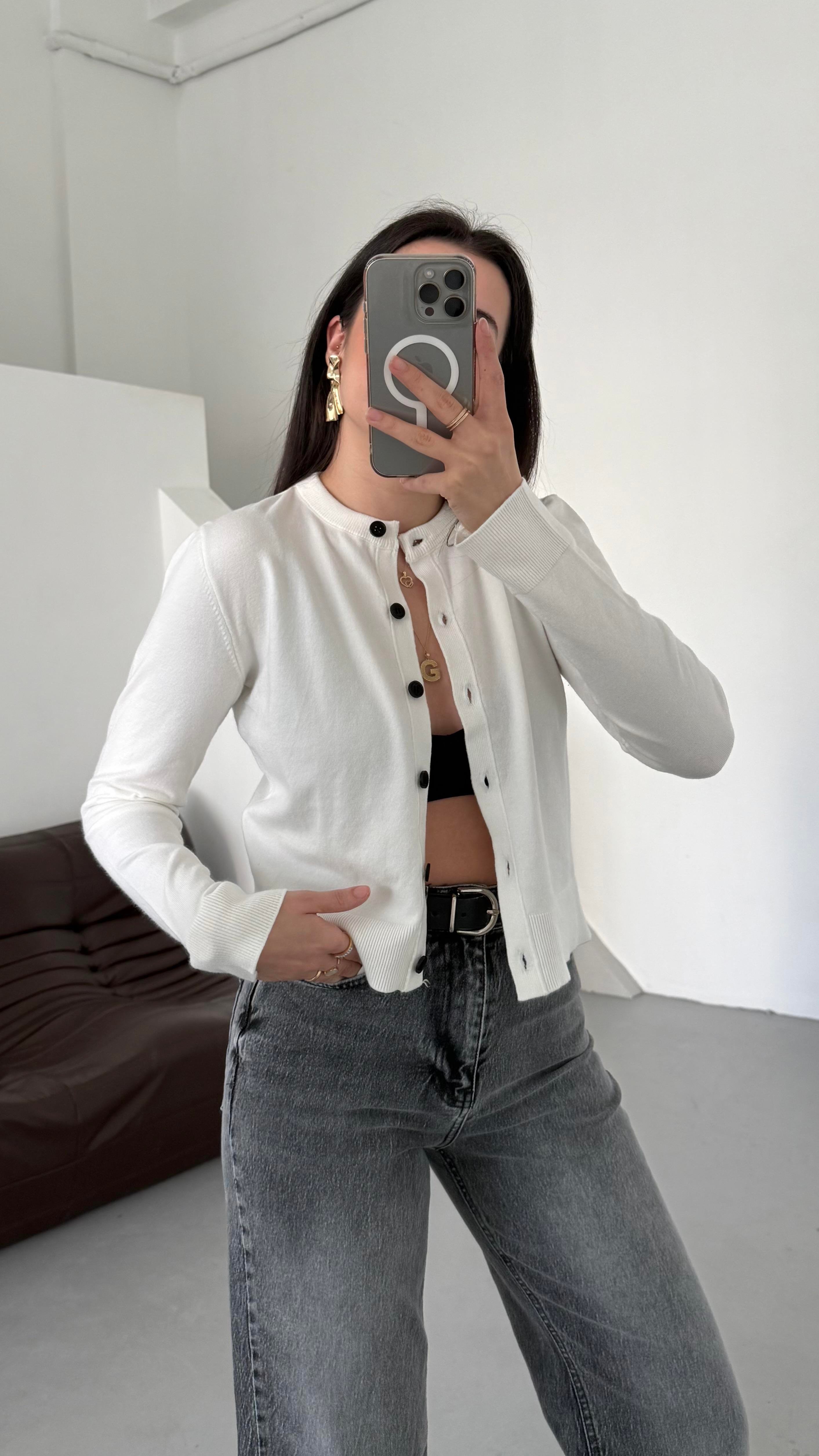 Mad Beyaz Dokulu Basıc Triko Hırka