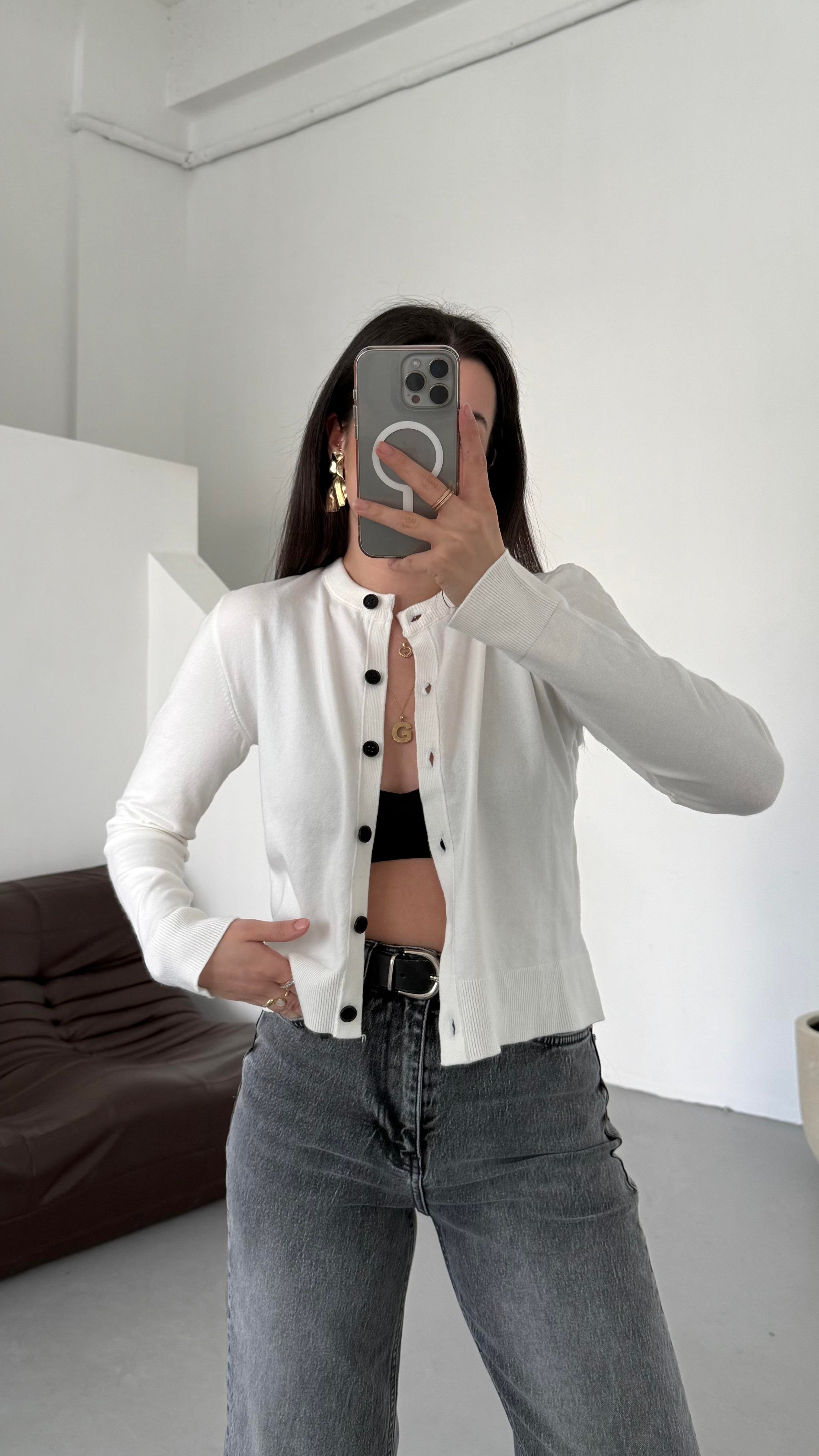 Mad Beyaz Dokulu Basıc Triko Hırka