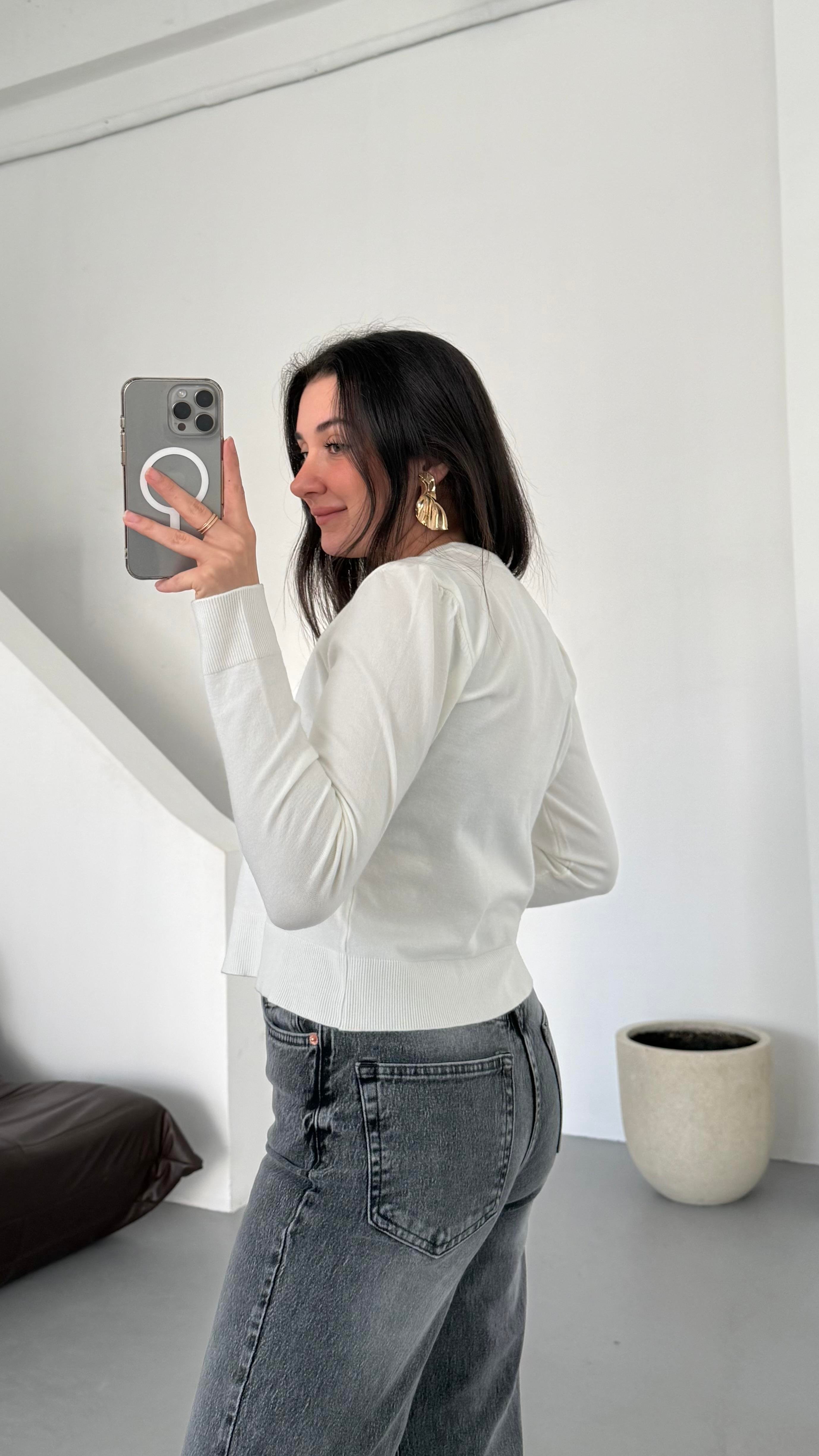 Mad Beyaz Dokulu Basıc Triko Hırka