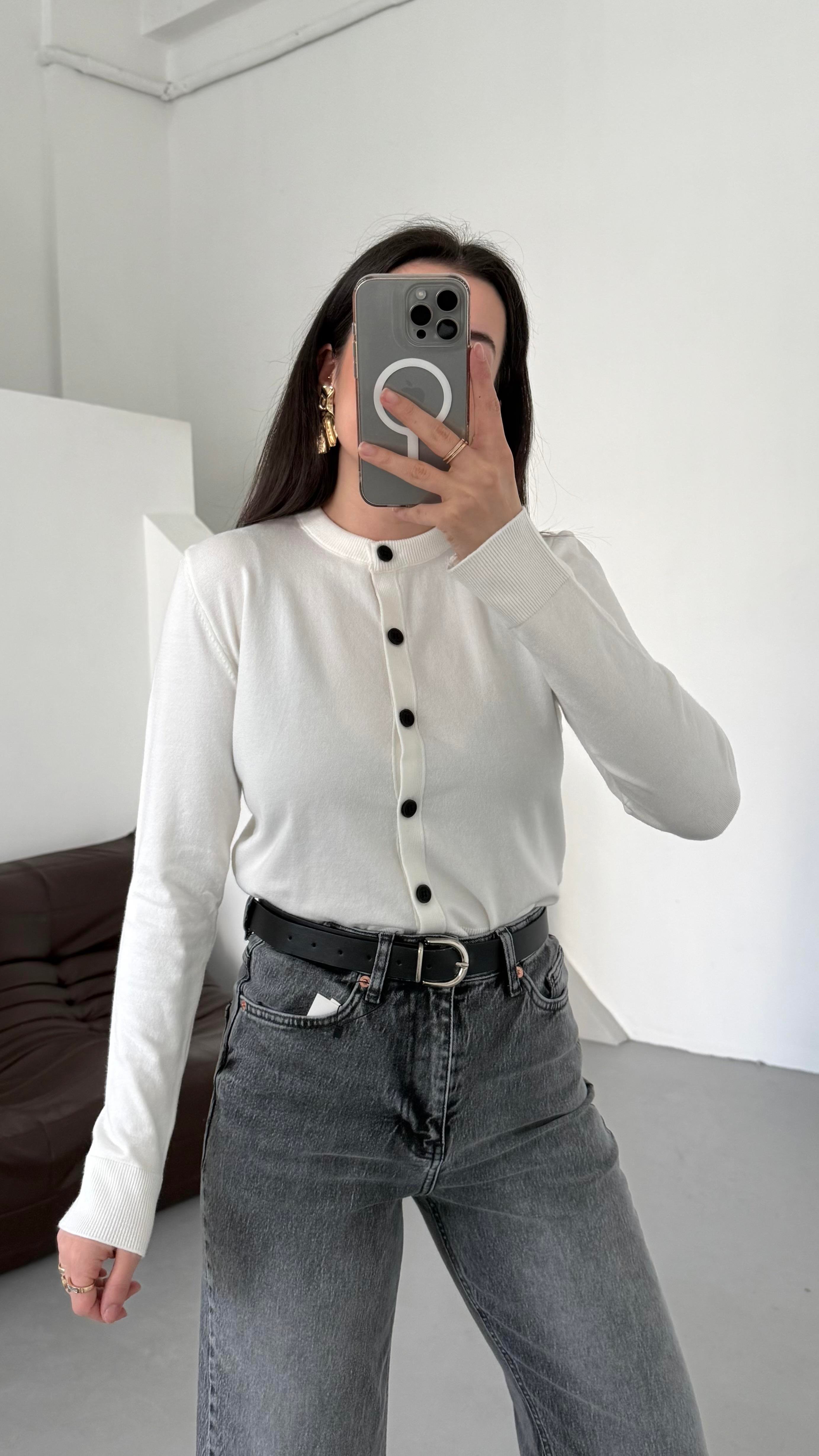 Mad Beyaz Dokulu Basıc Triko Hırka