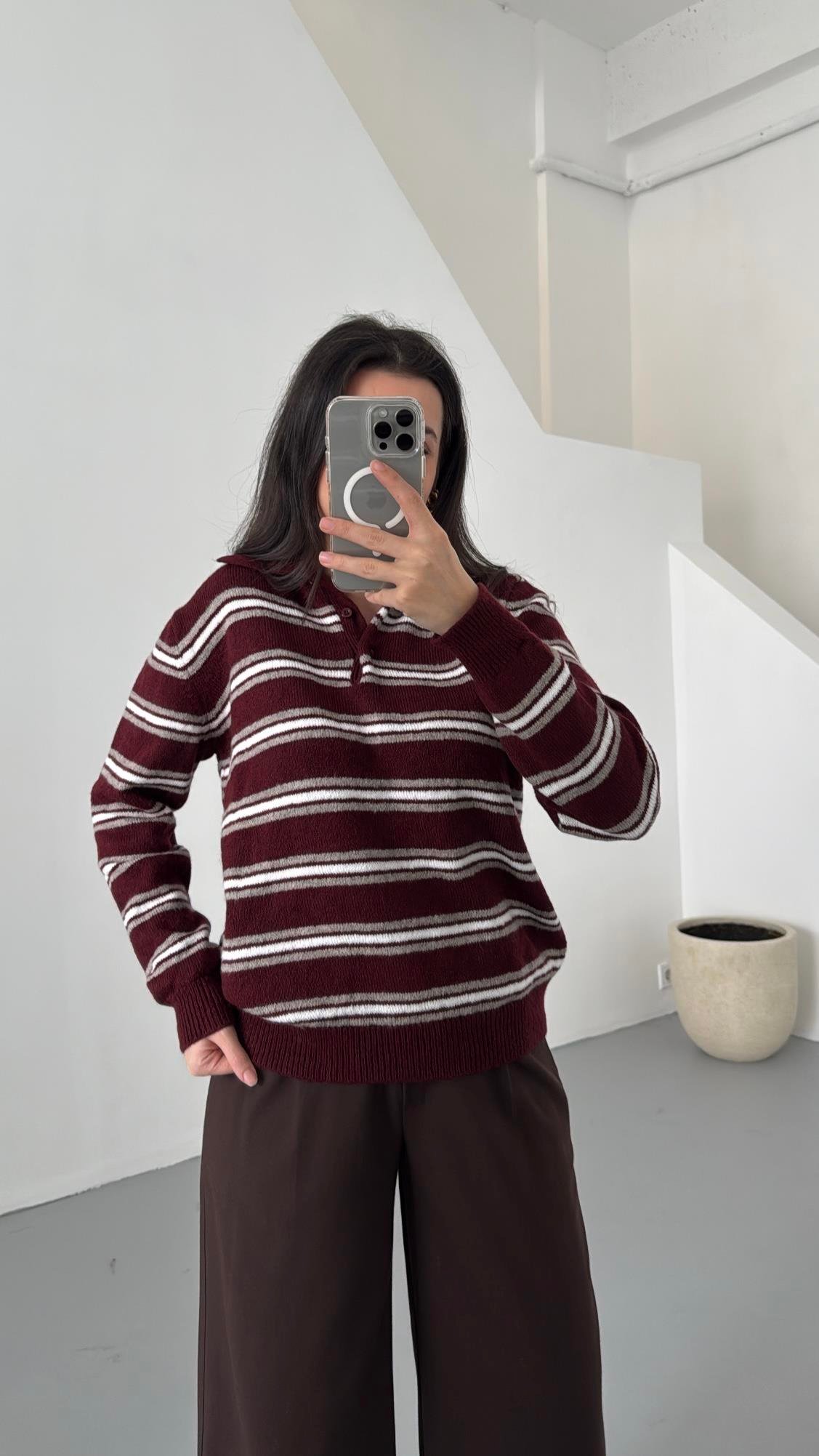Mad Bordo Çizgili Polo Yaka Triko Kazak