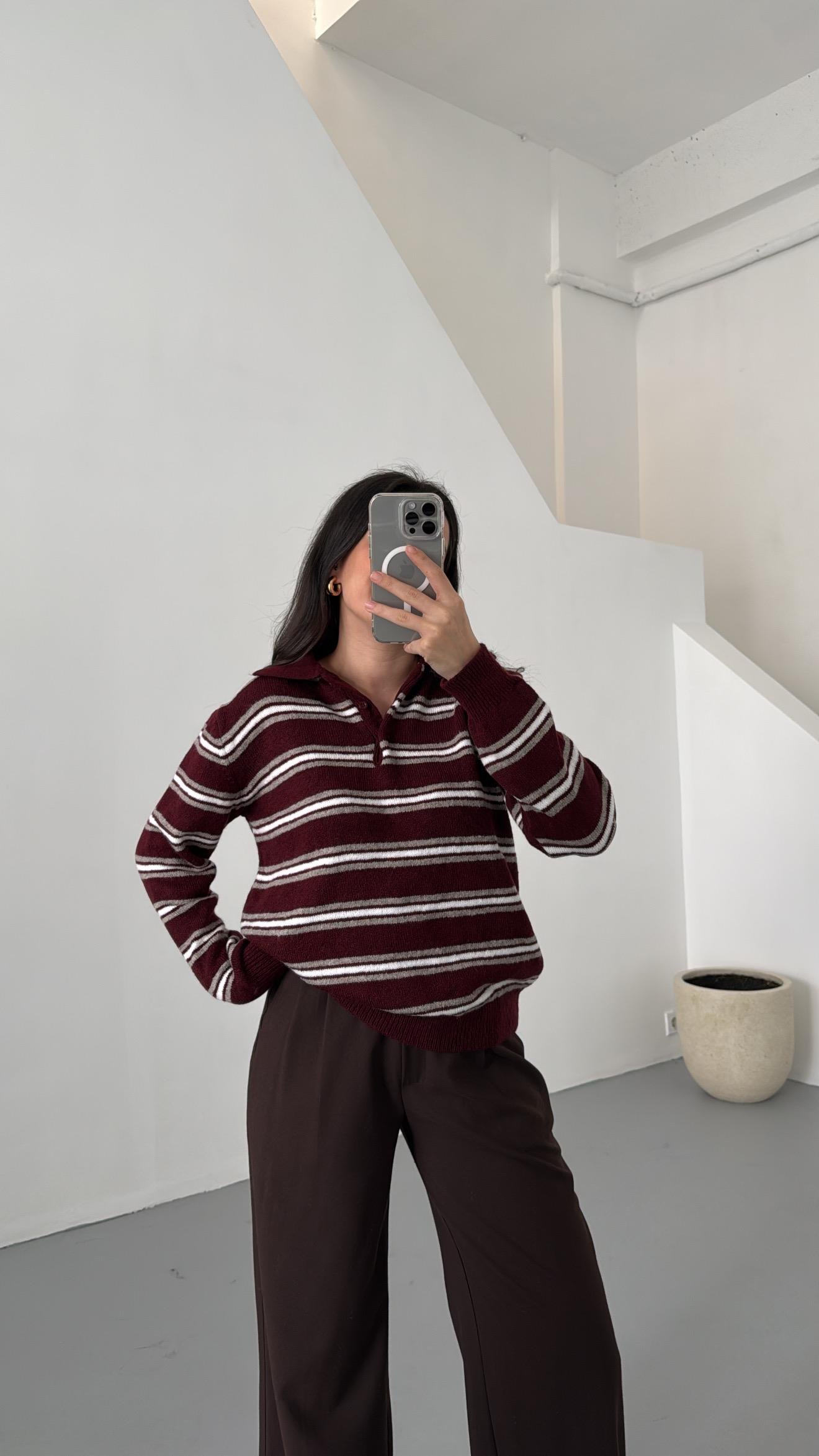 Mad Bordo Çizgili Polo Yaka Triko Kazak
