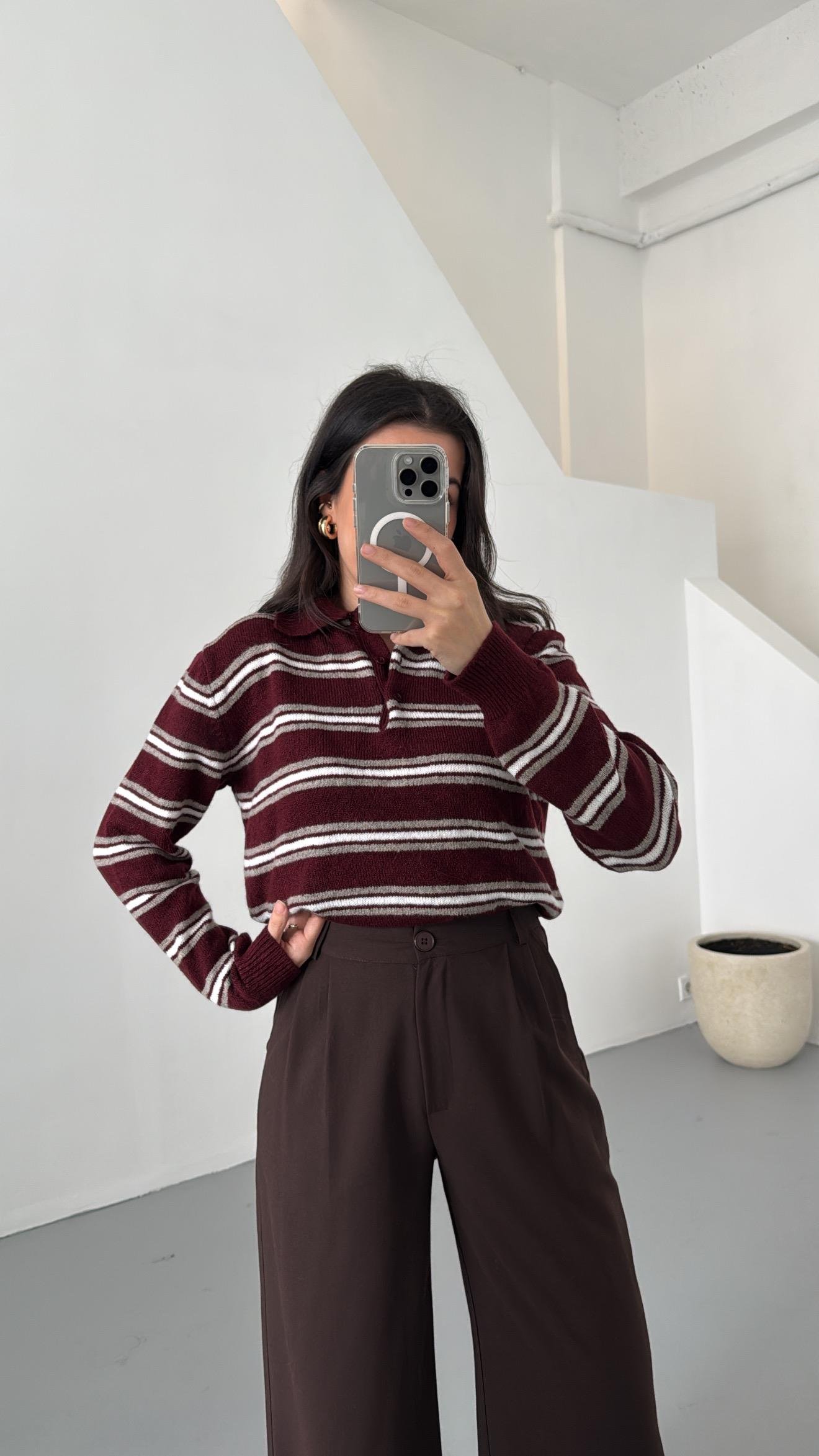 Mad Bordo Çizgili Polo Yaka Triko Kazak