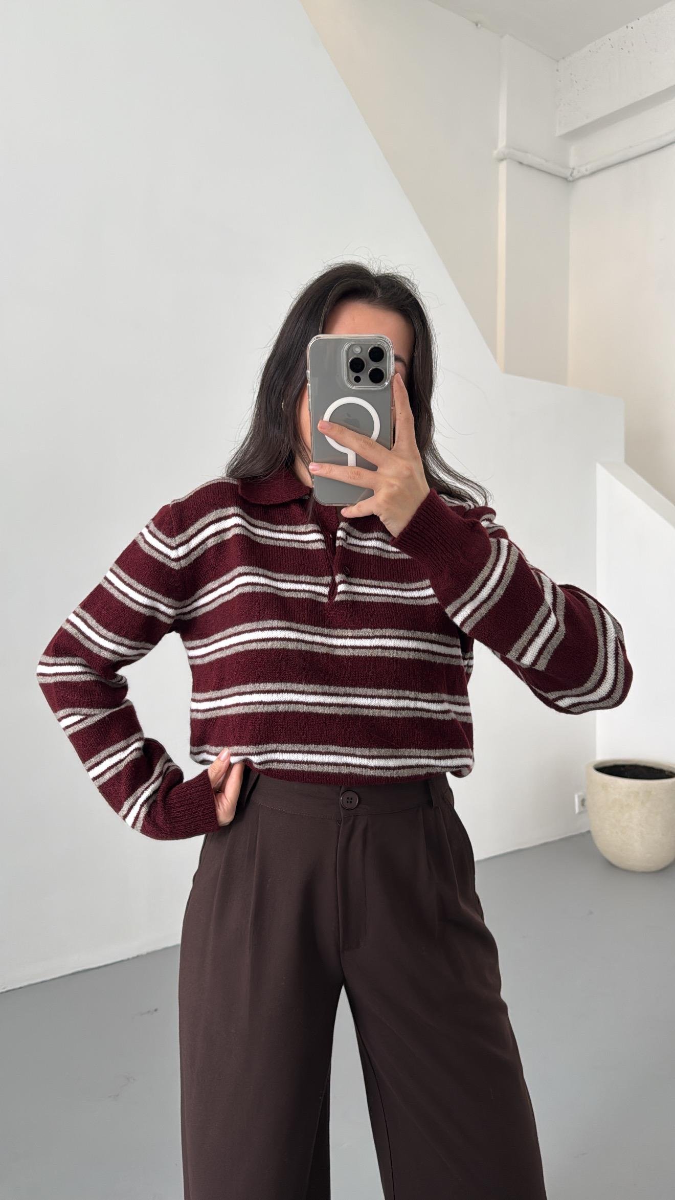 Mad Bordo Çizgili Polo Yaka Triko Kazak