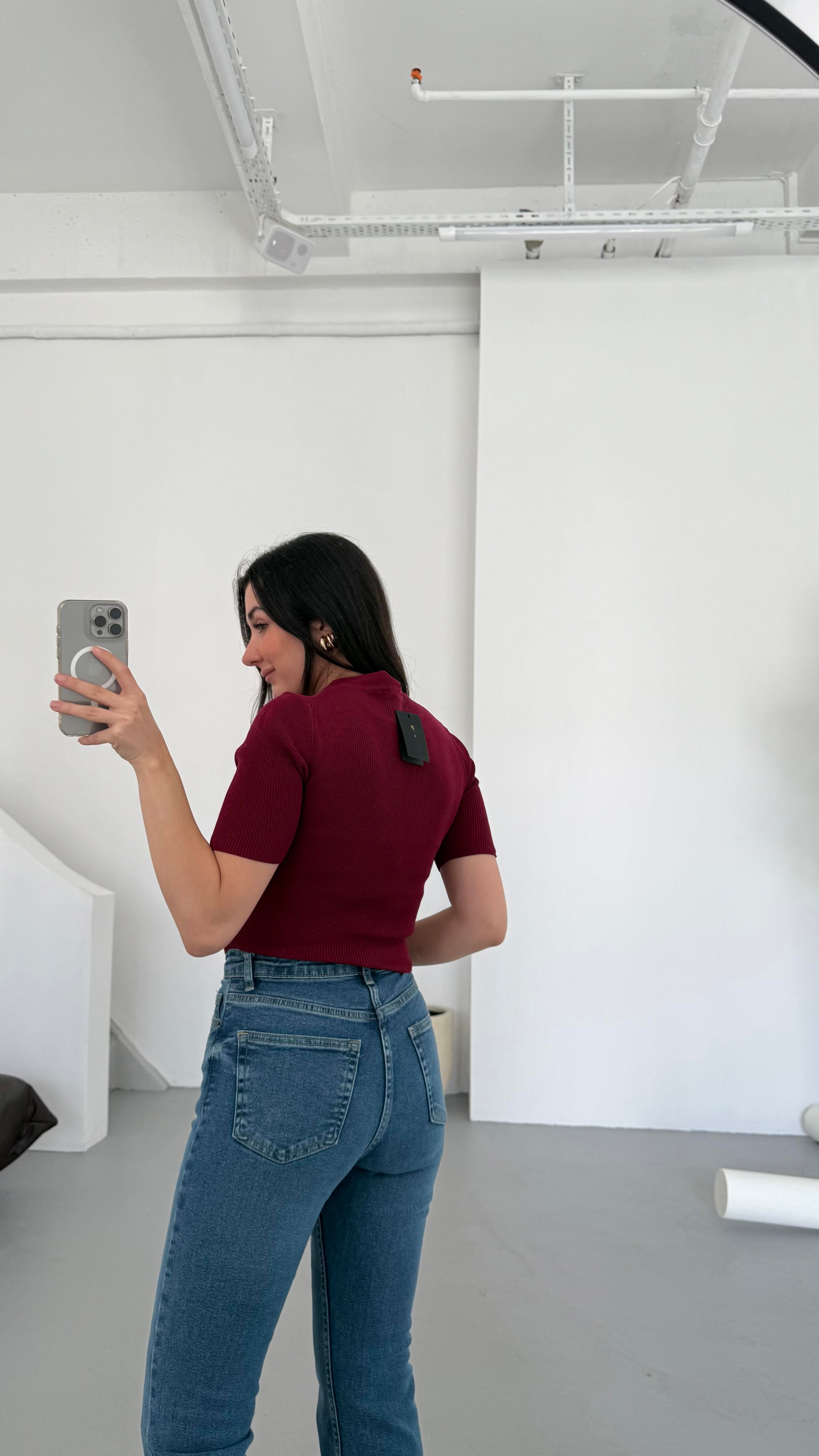 Mad Bordo Kısa Kollu Örme Triko