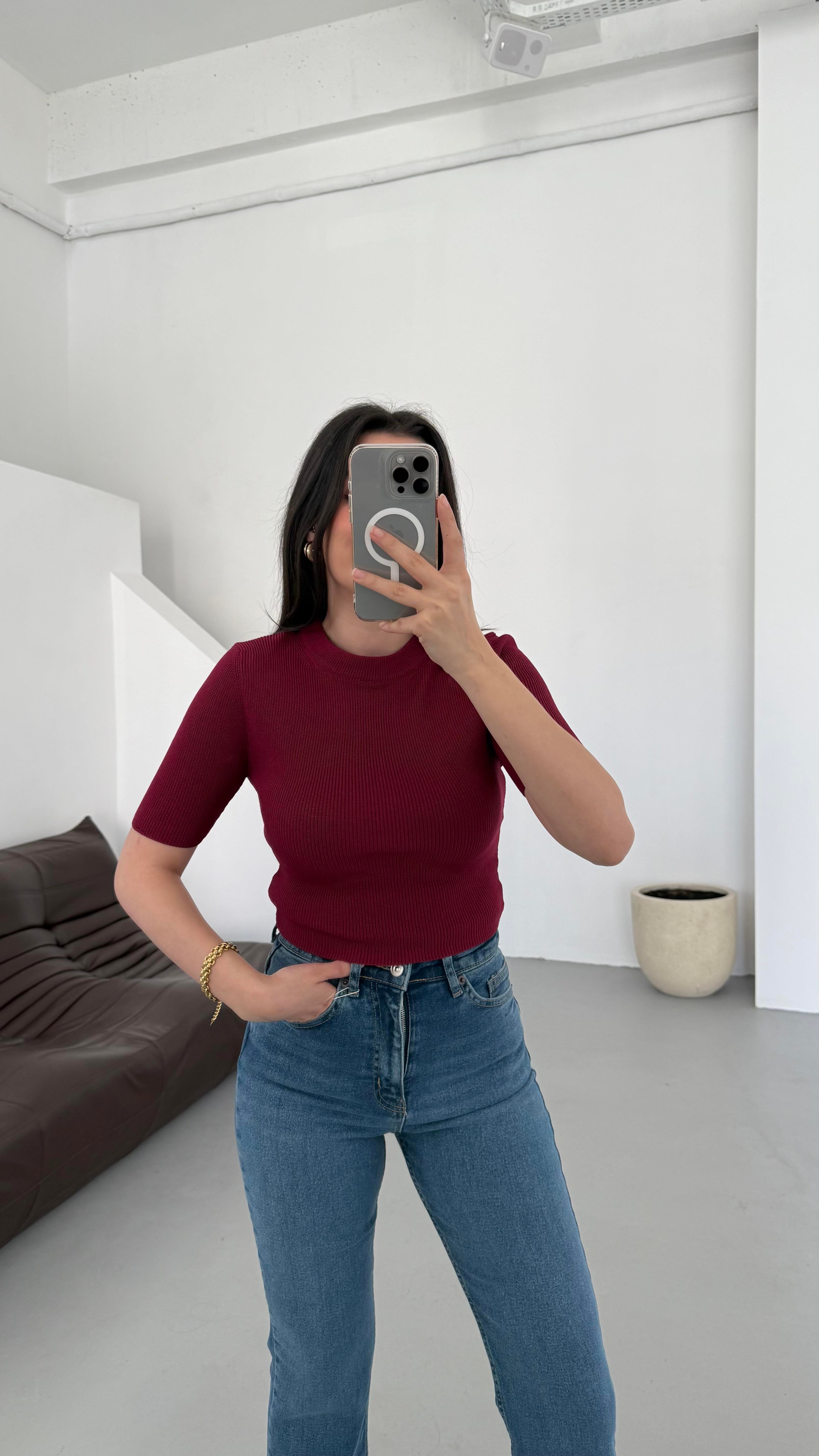 Mad Bordo Kısa Kollu Örme Triko