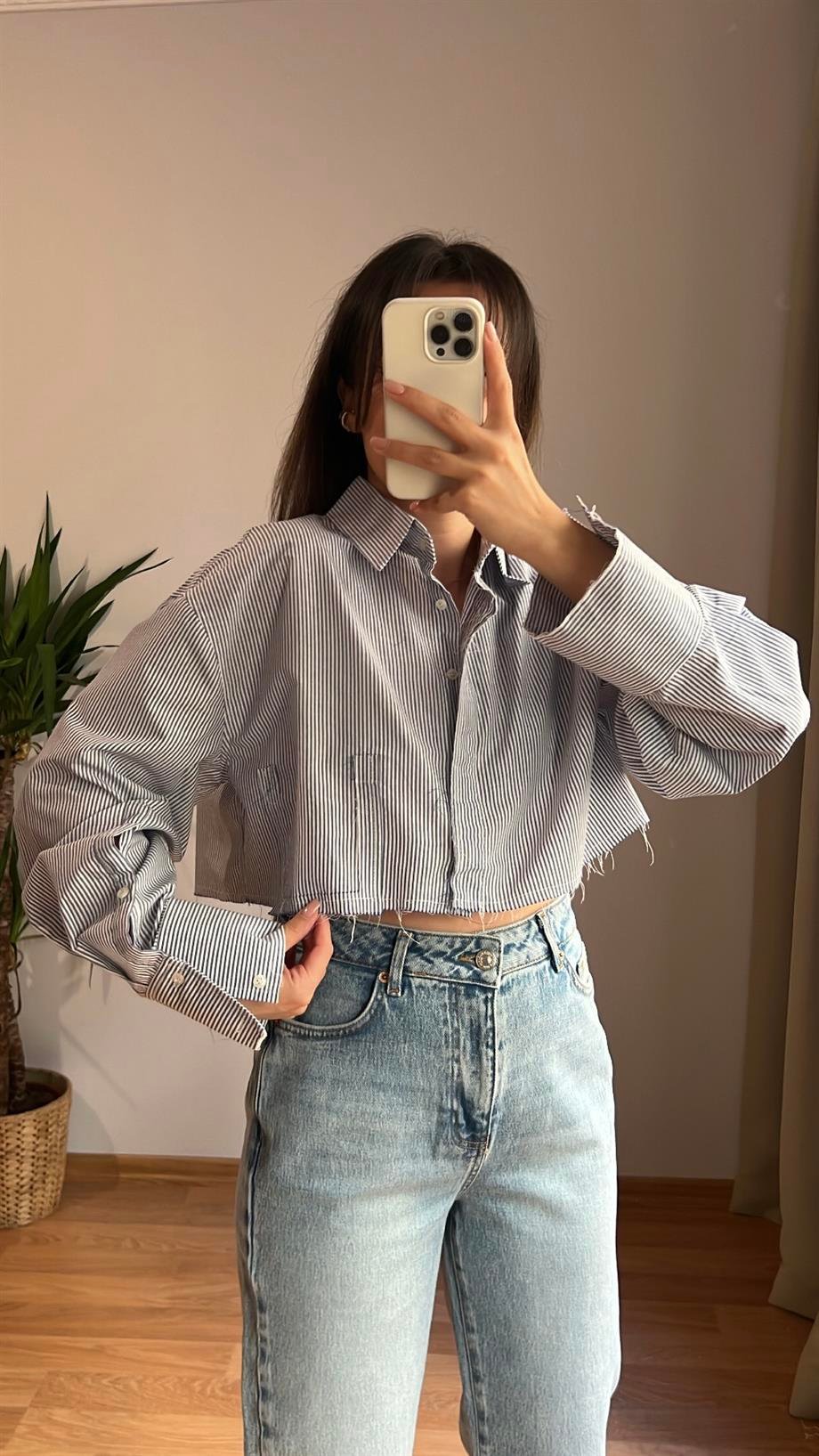 MAD ÇİZGİLİ CROP GÖMLEK