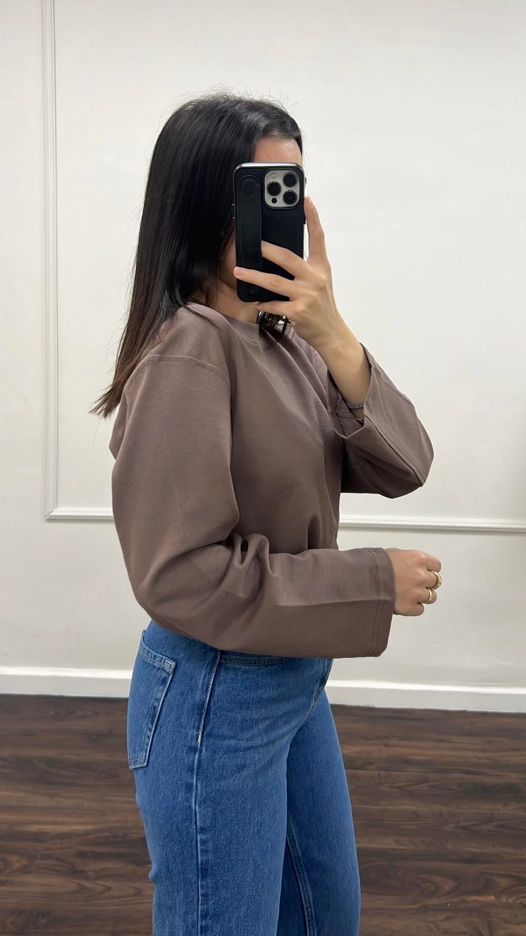 Mad Kahve Dikiş Detay Uzun Kollu Basıc Tişört