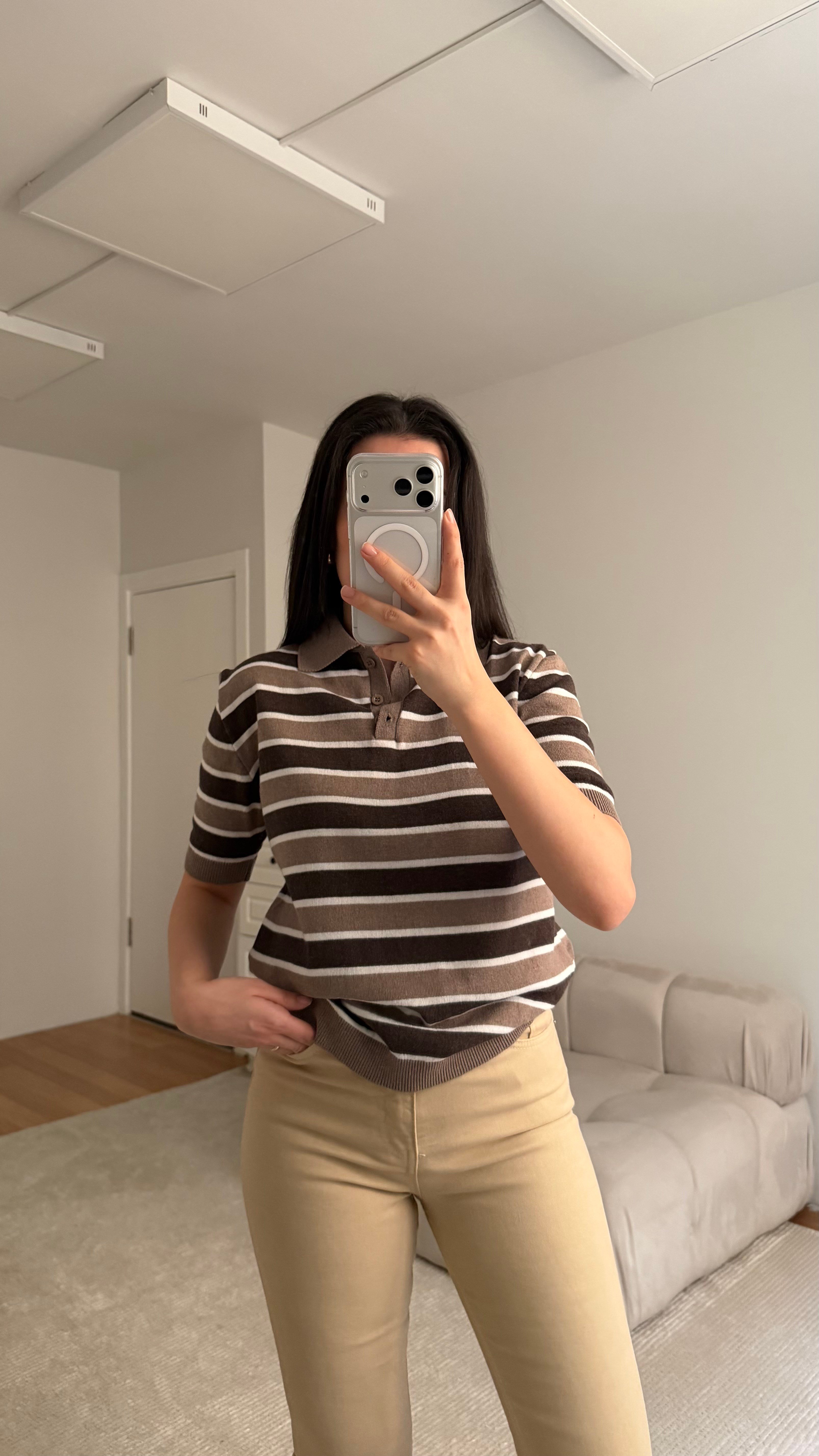 Mad Krem Kahve Polo Yaka Çizgili Kısa Kol Triko