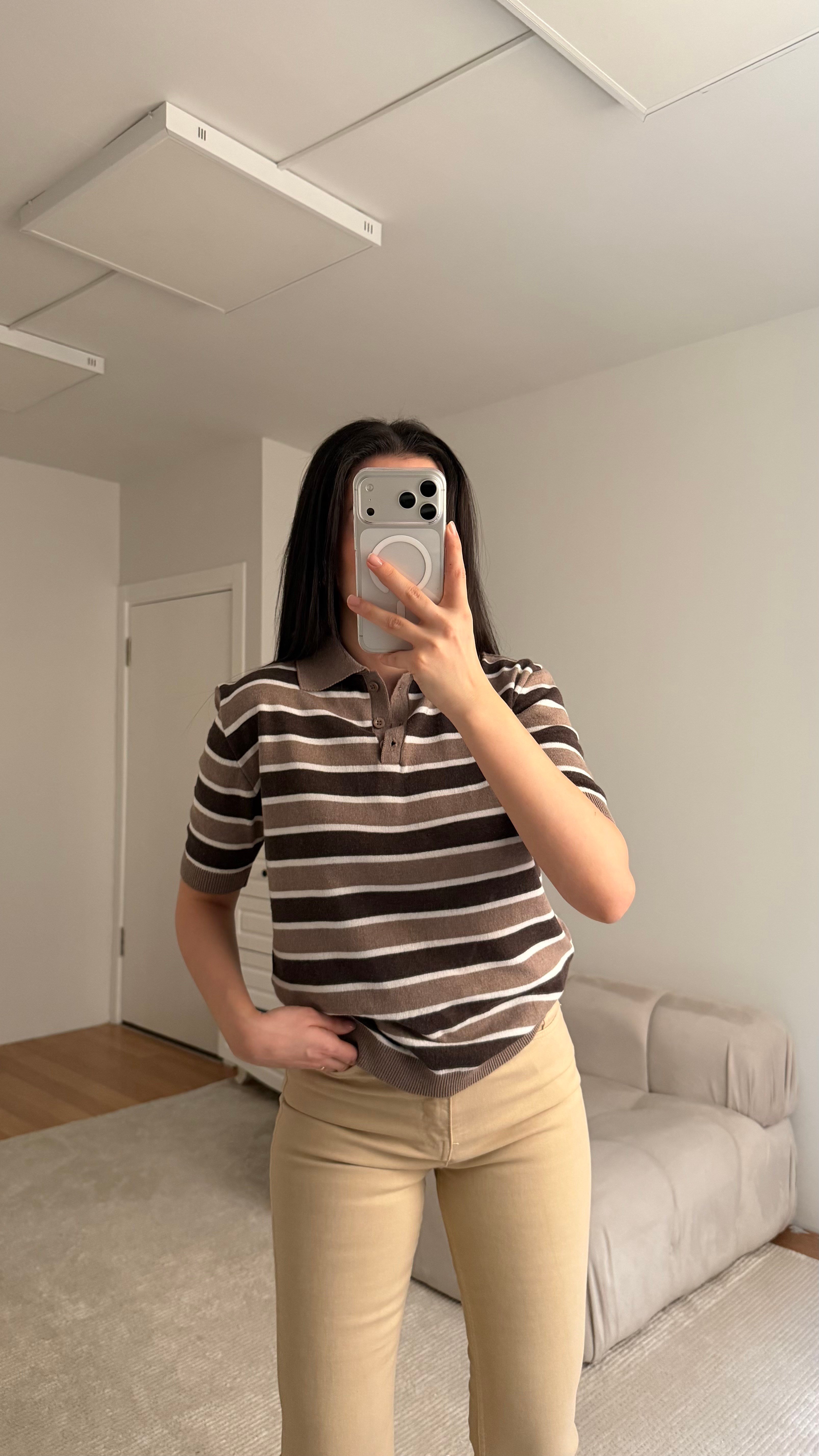 Mad Krem Kahve Polo Yaka Çizgili Kısa Kol Triko