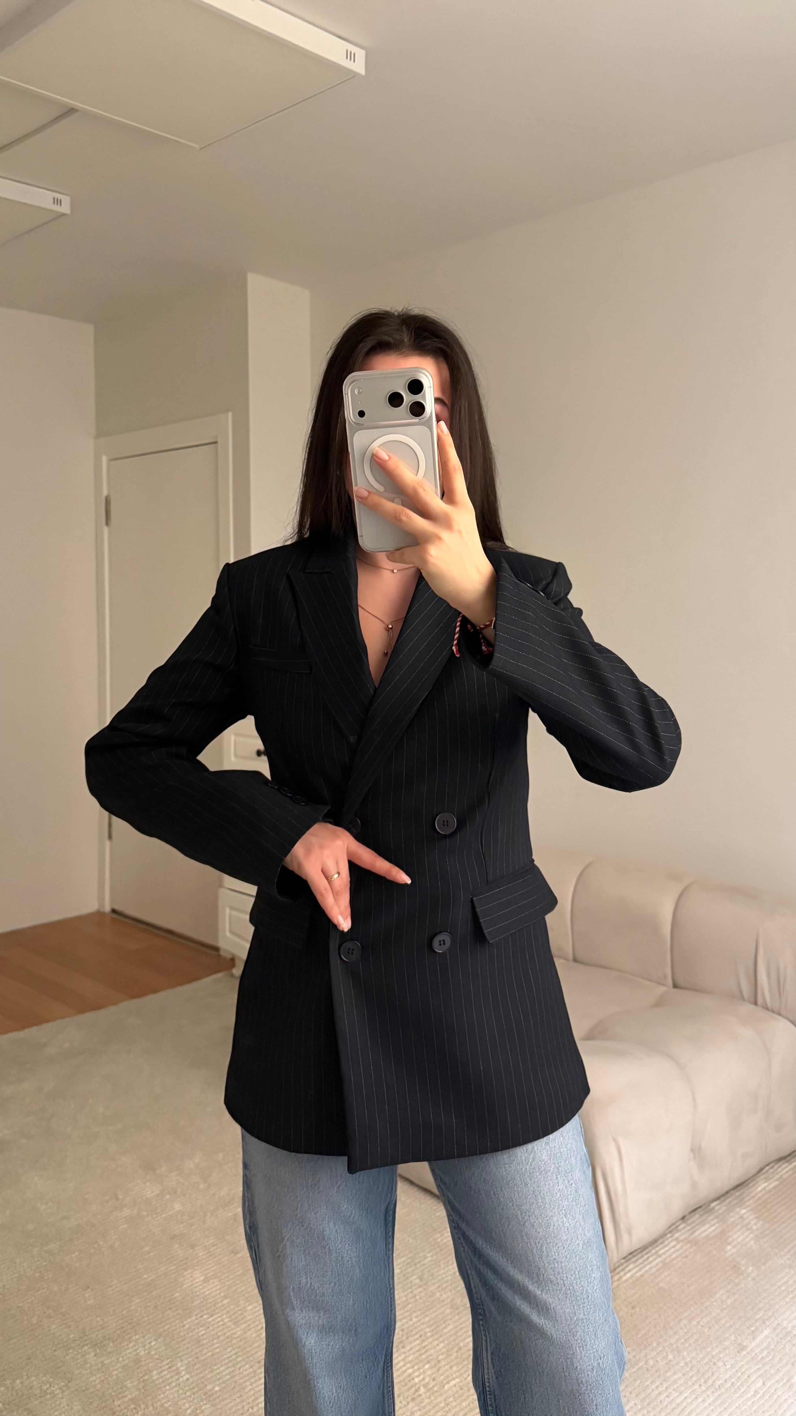 Mad Lacivert Çizgili Premium Blazer Ceket 