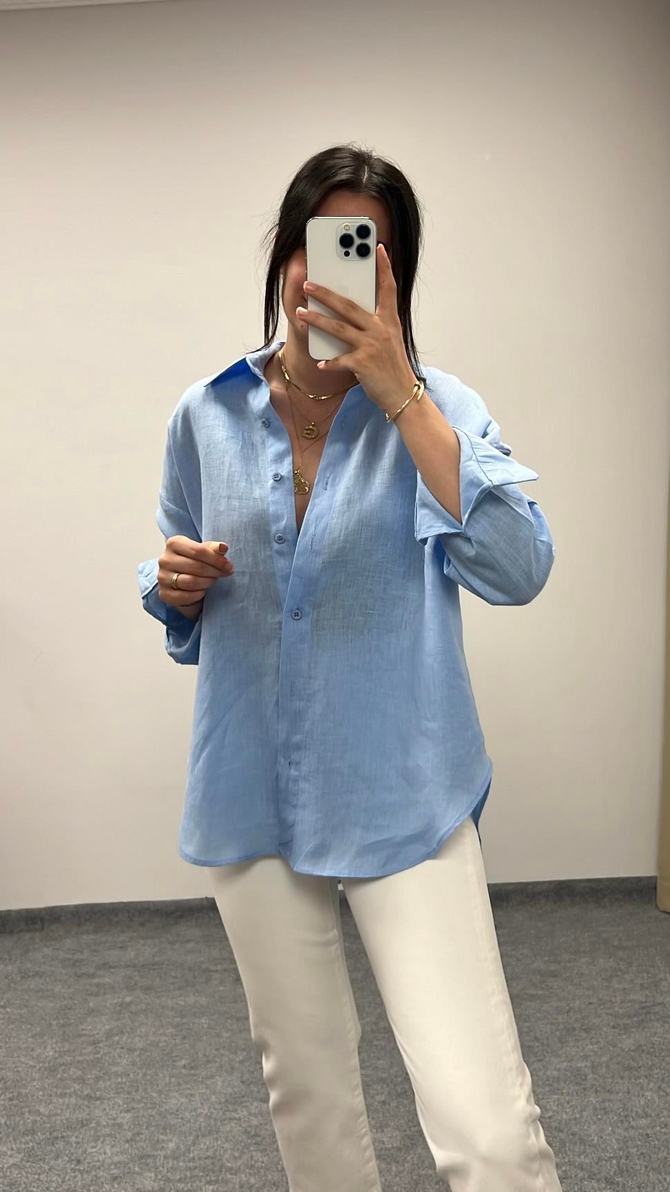 Mad Mavi Ham Keten Oversize Gömlek