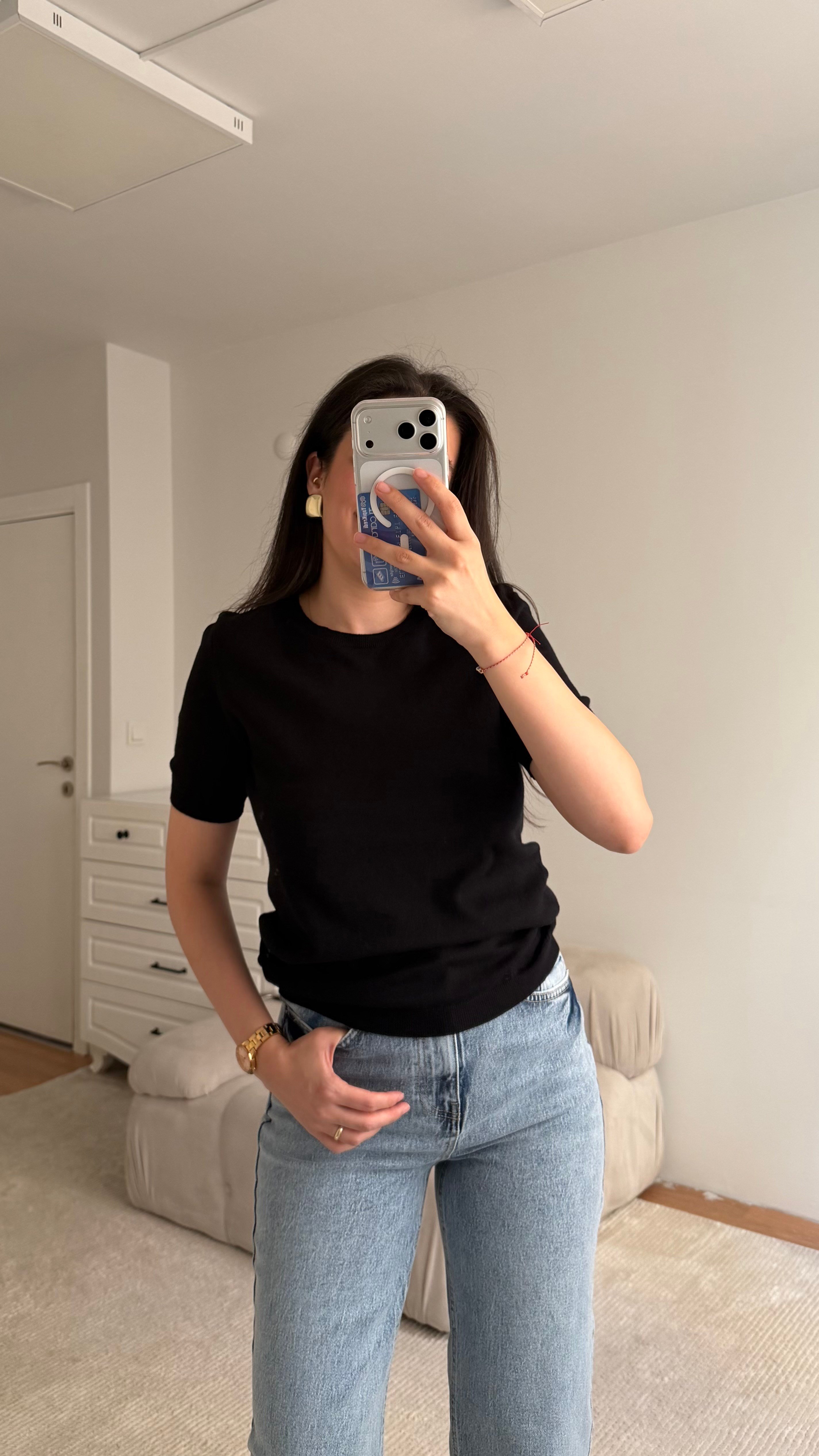 Mad Siyah Bisiklet Yaka Kısa Kollu Triko Bluz