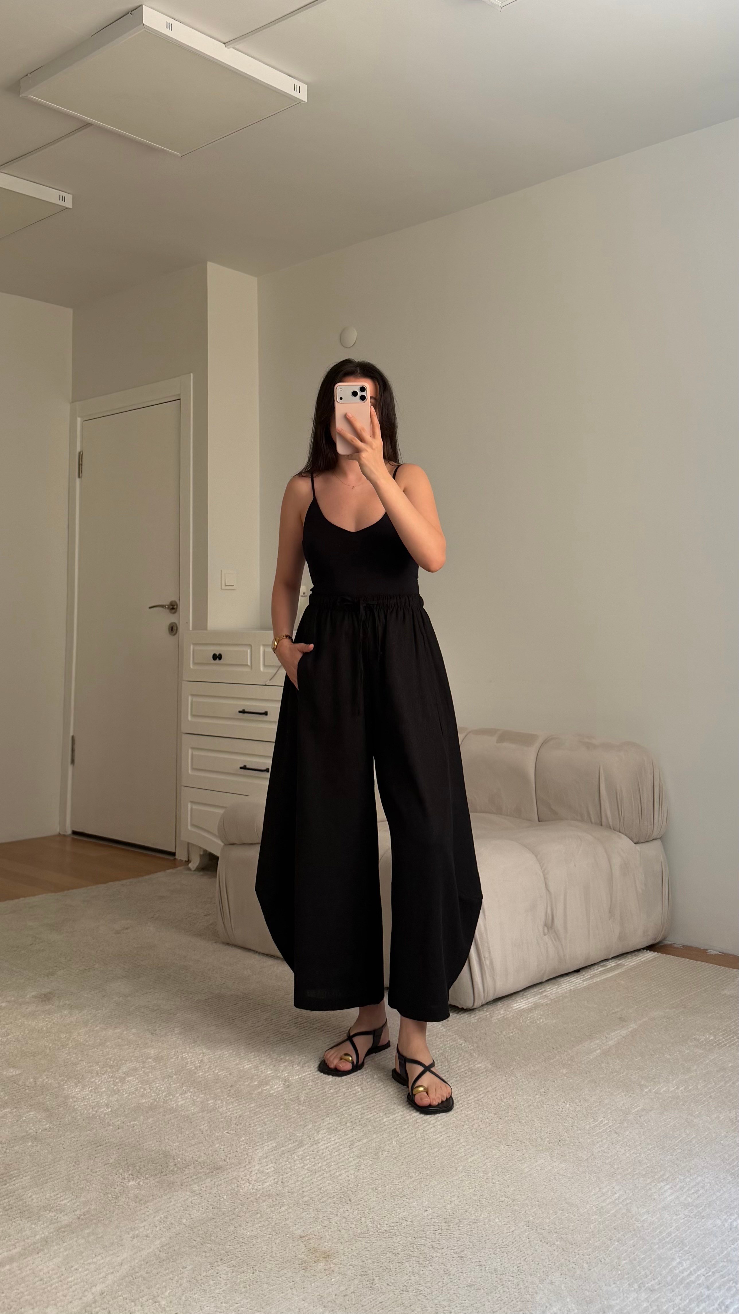 Mad Siyah Ham Keten Şalvar Paça Pantolon
