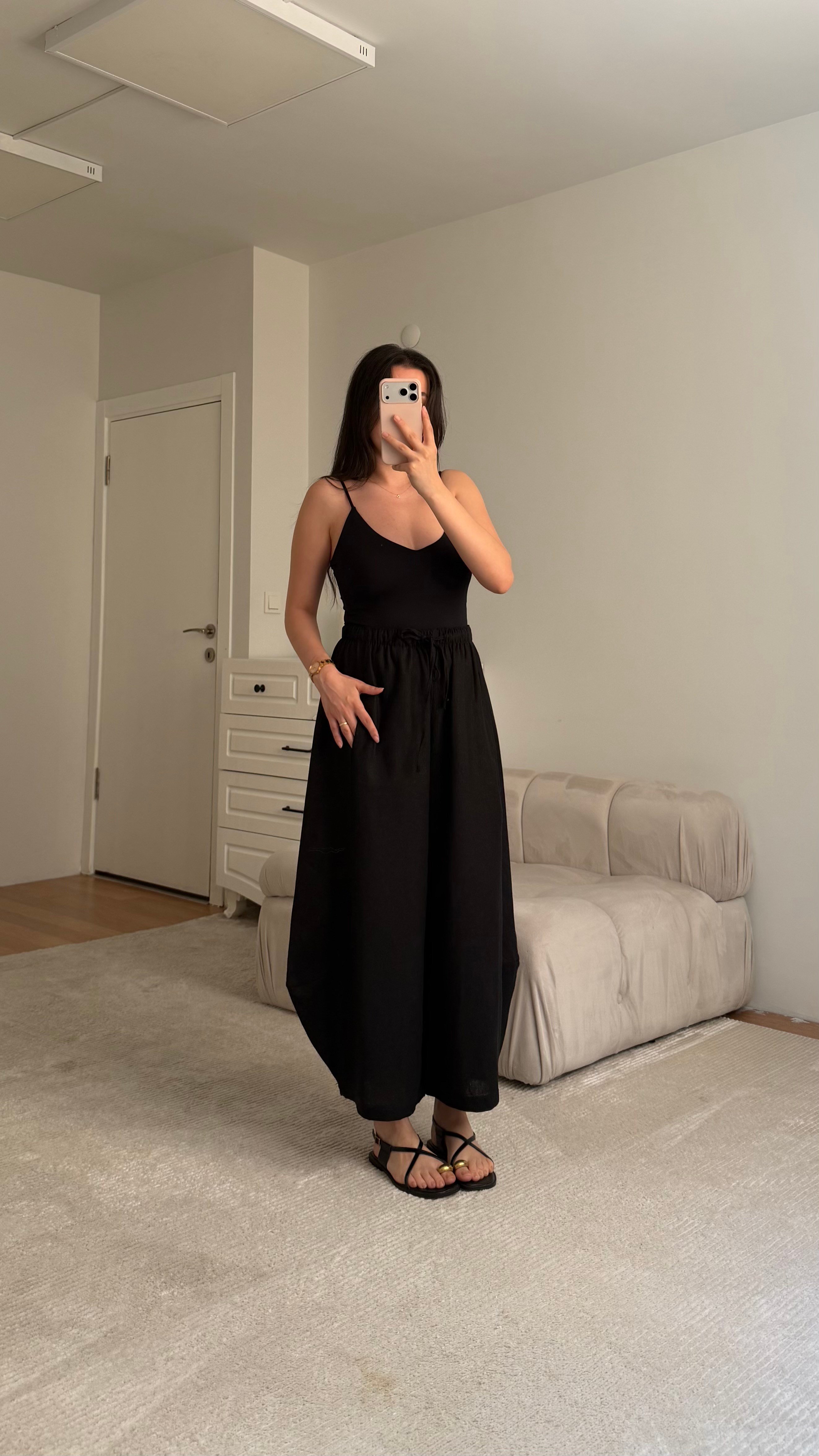 Mad Siyah Ham Keten Şalvar Paça Pantolon
