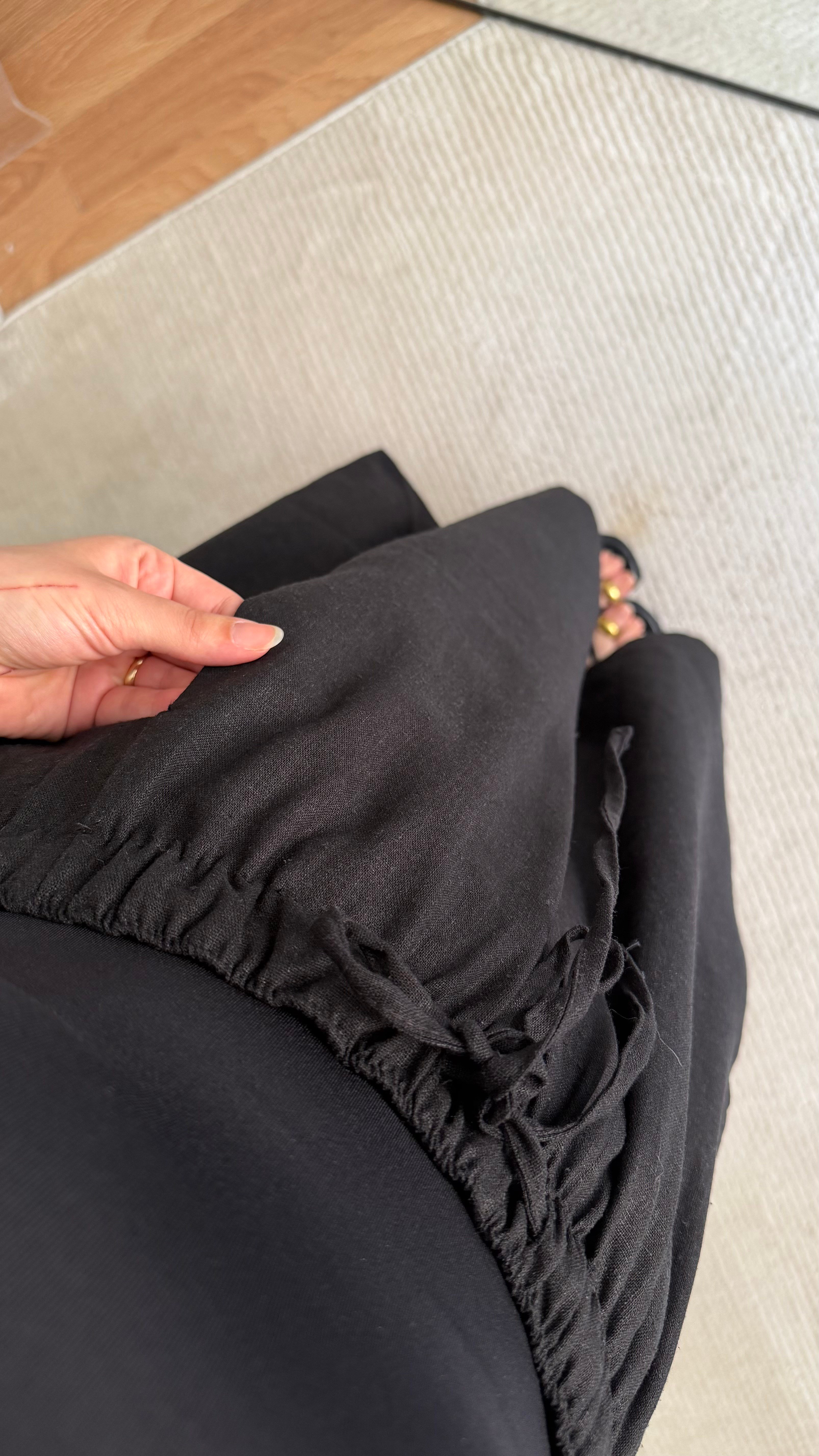 Mad Siyah Ham Keten Şalvar Paça Pantolon