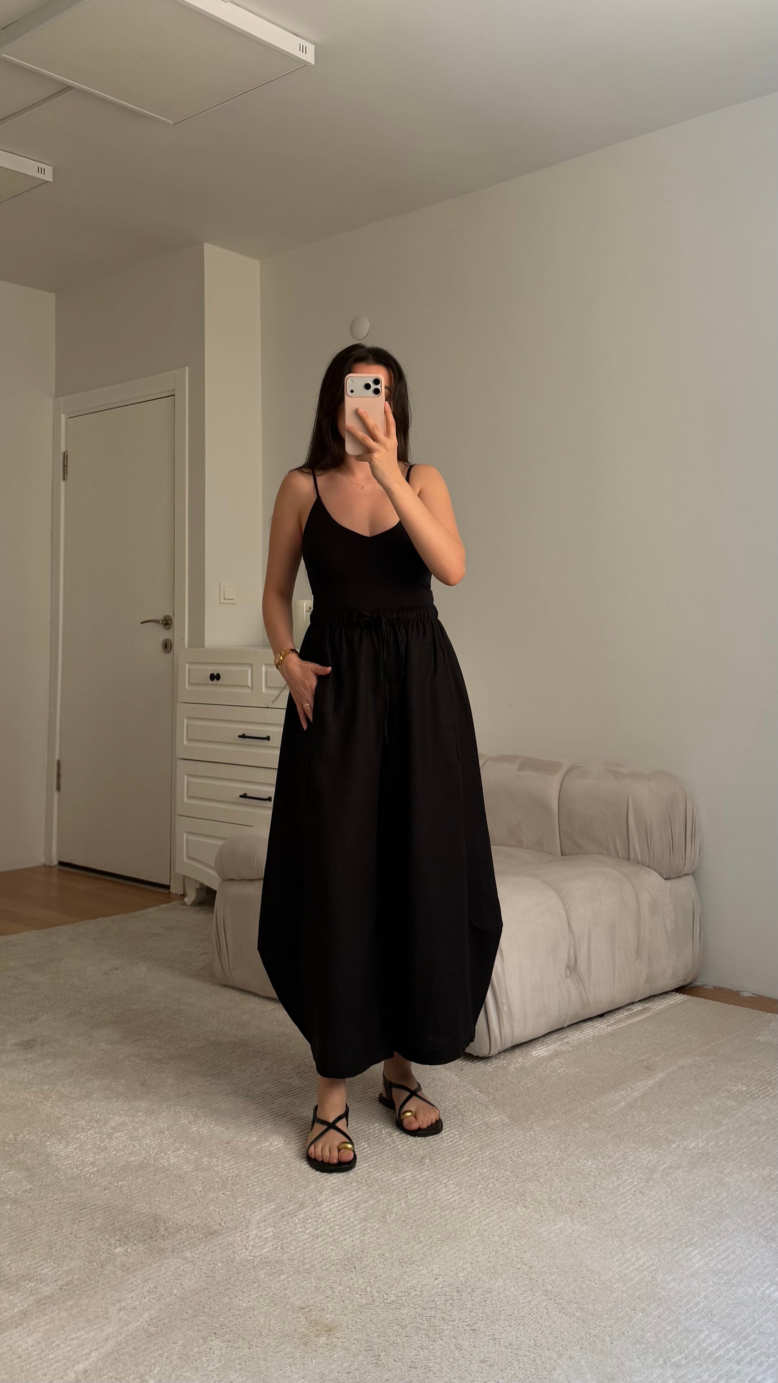 Mad Siyah Ham Keten Şalvar Paça Pantolon